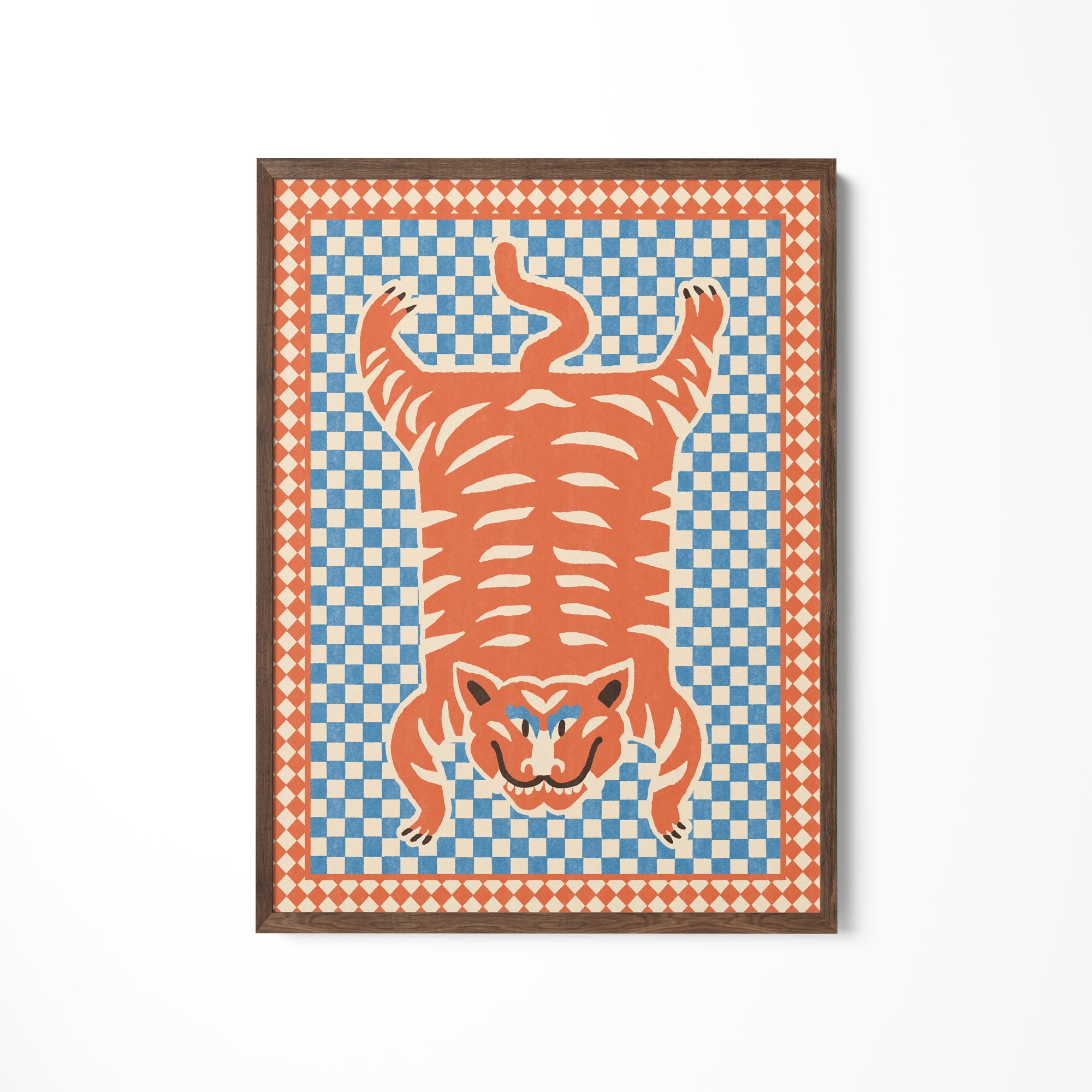 a painting of a tiger on a blue and white checkered background