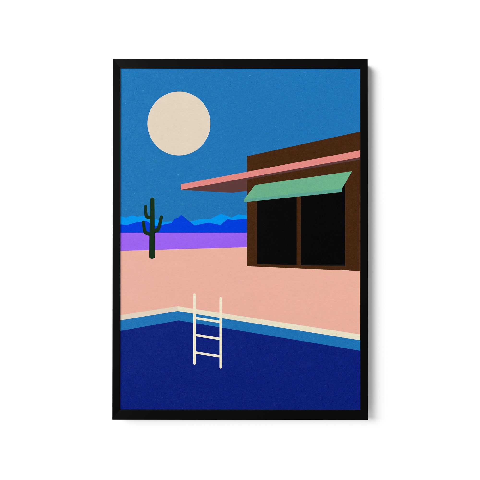 a painting of a desert scene with a house and a ladder