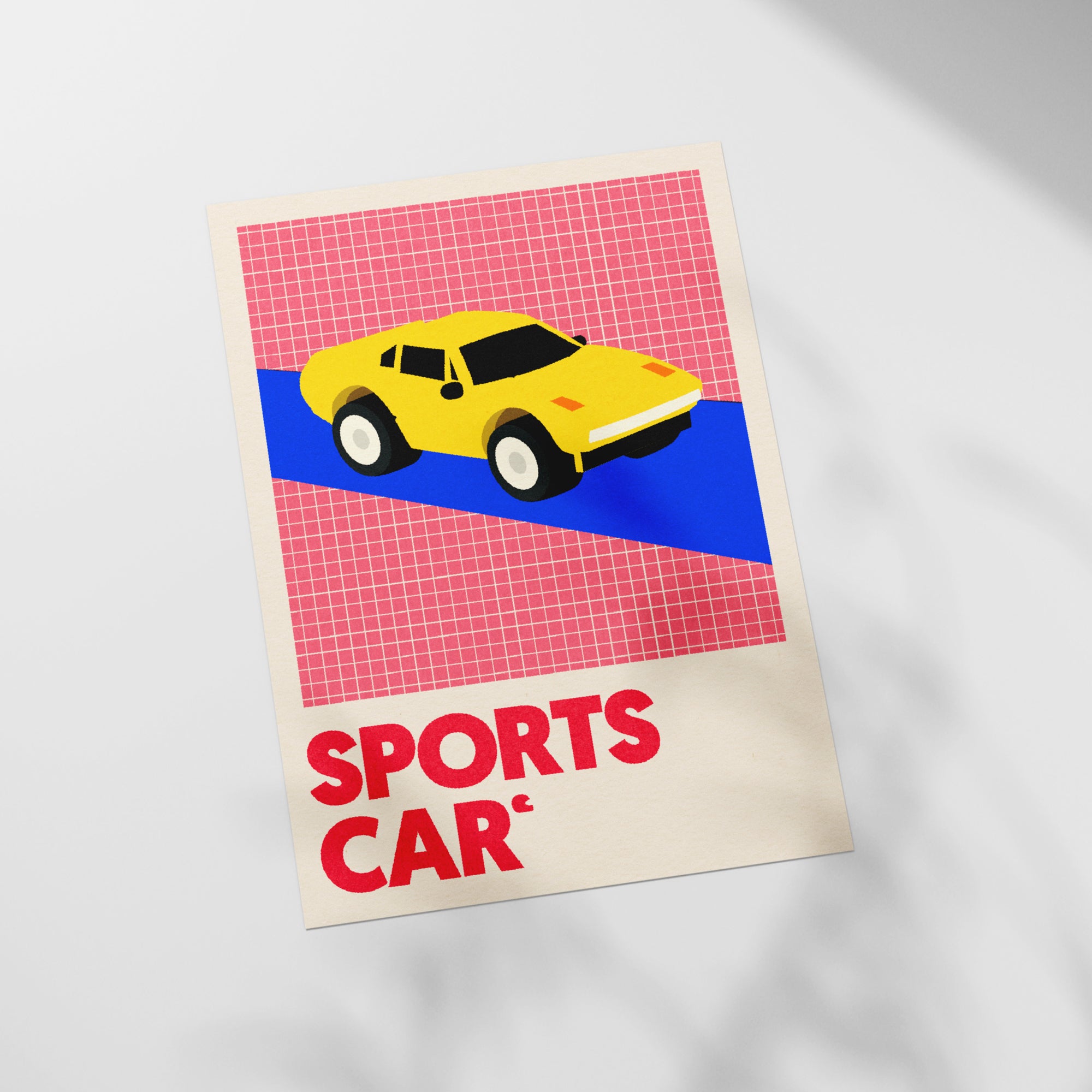 a yellow sports car on a pink and blue background