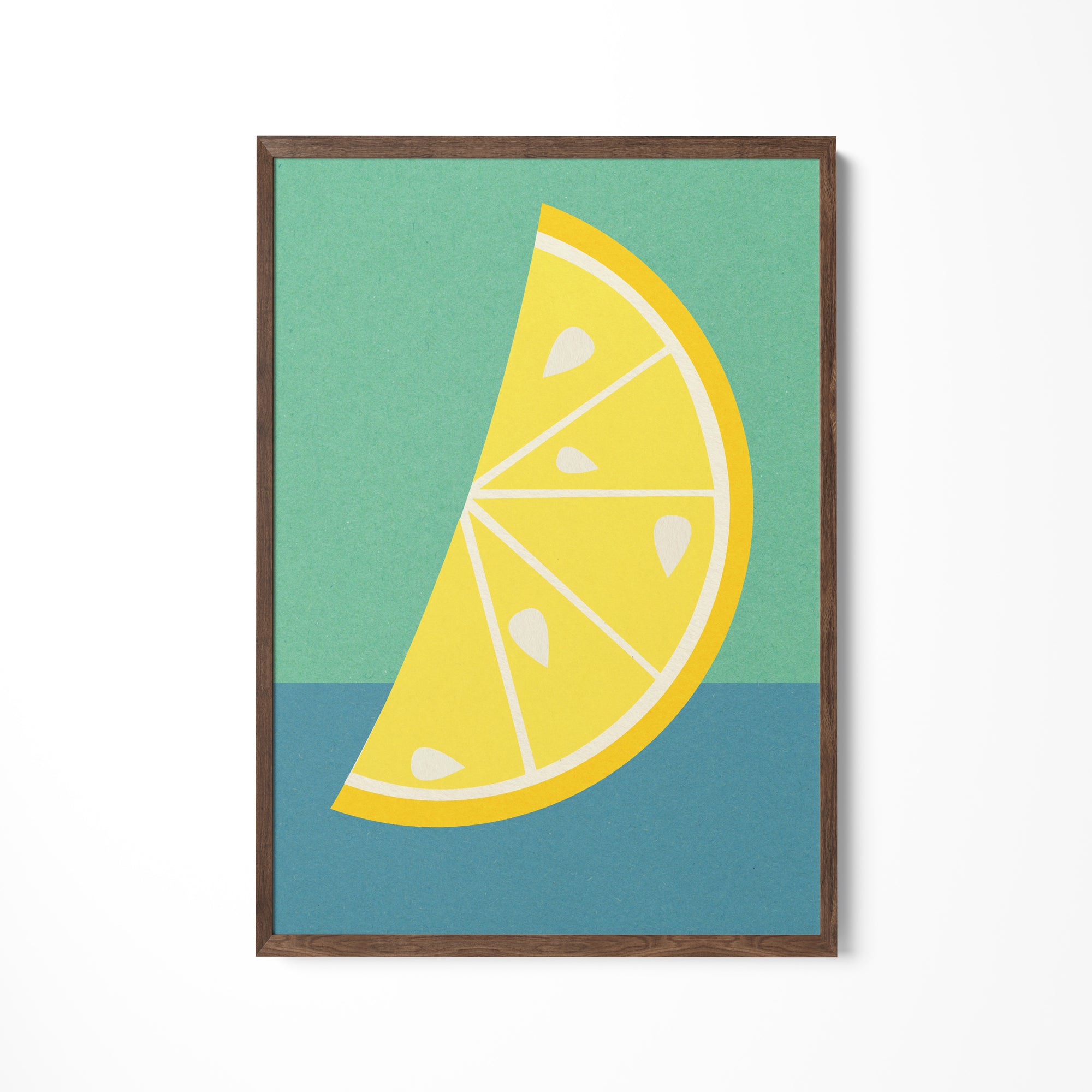 a picture of a slice of lemon on a blue and green background