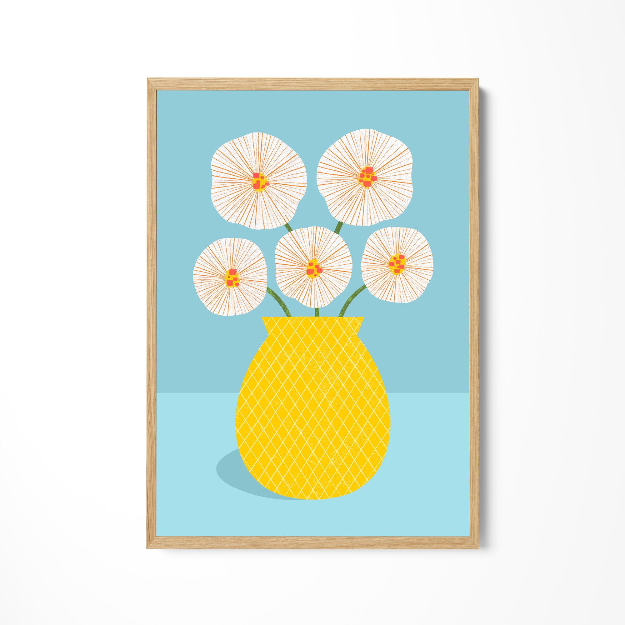 a yellow vase filled with white flowers on a blue background