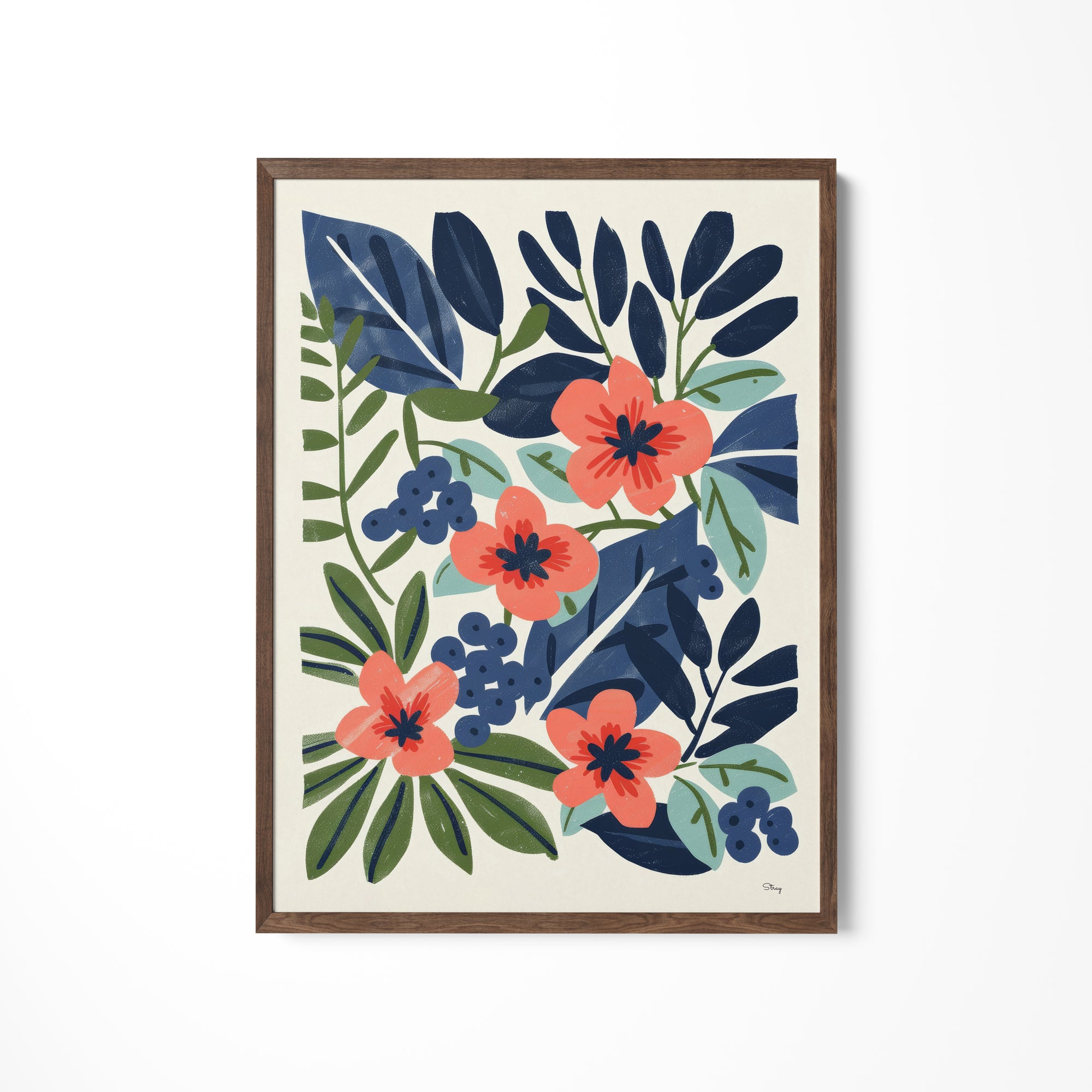 a painting of flowers and leaves on a white wall