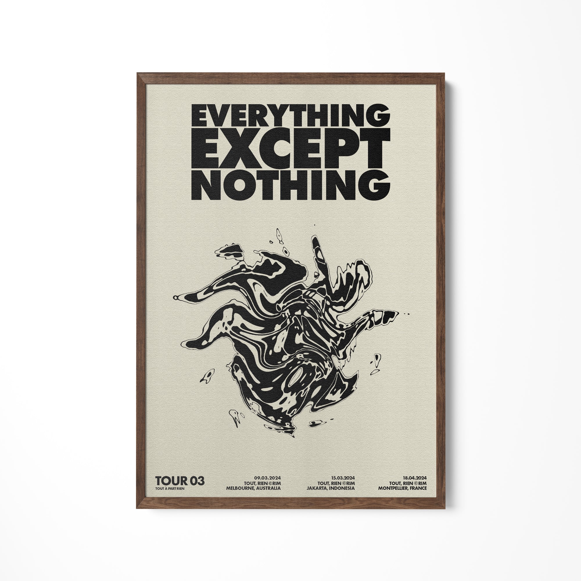 a black and white poster hanging on a wall