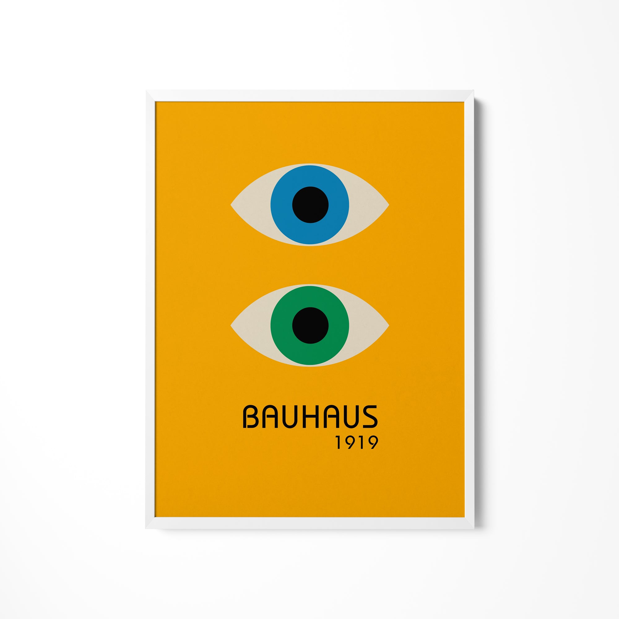 a yellow poster with two blue and green eyes