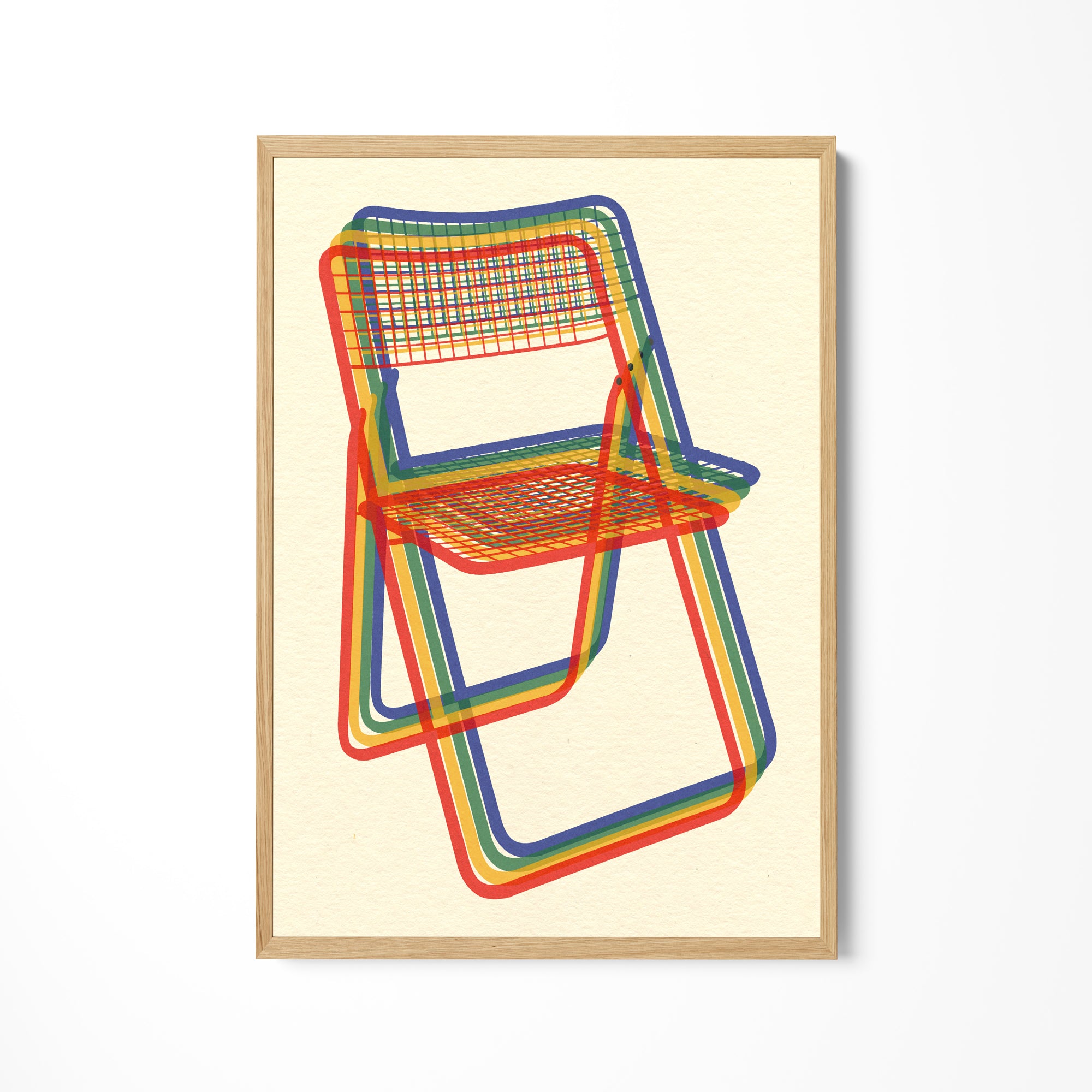 a picture of a colorful chair on a white wall
