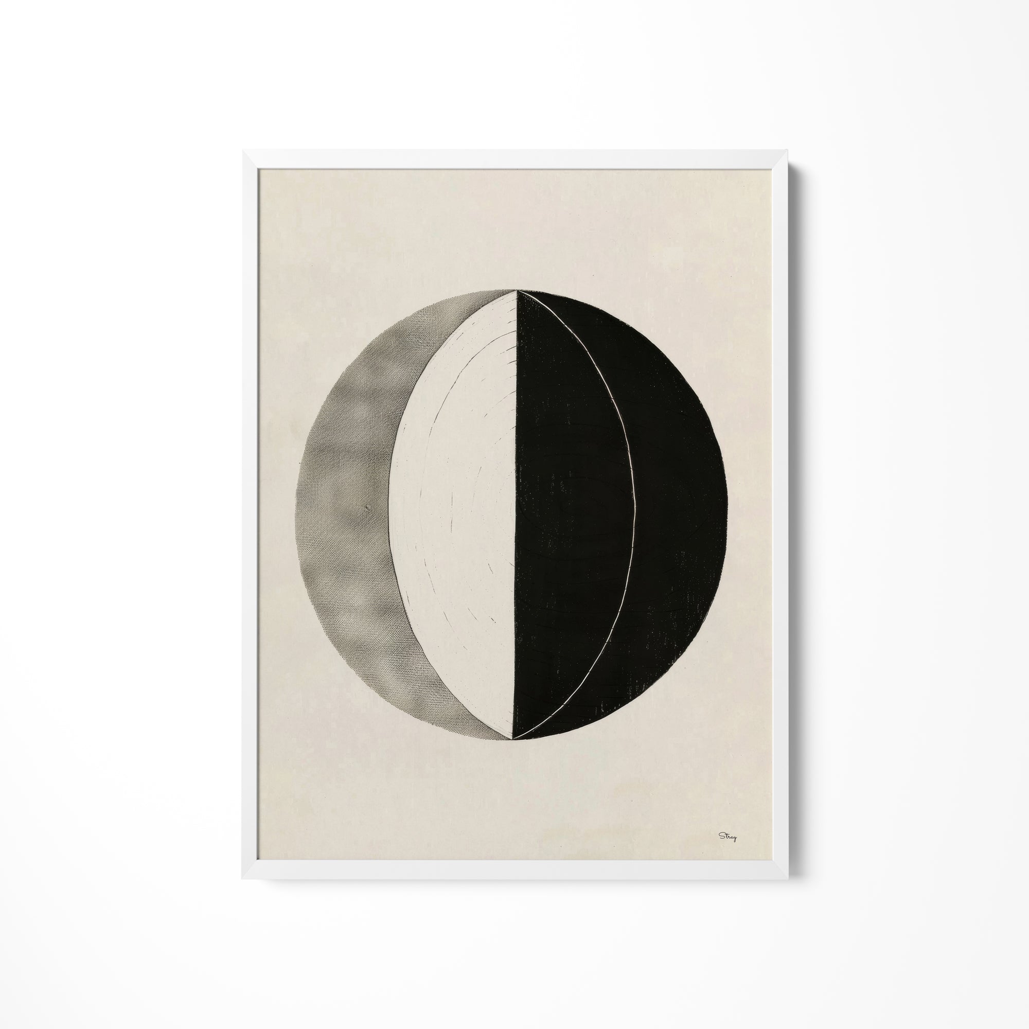 a black and white drawing of a half moon
