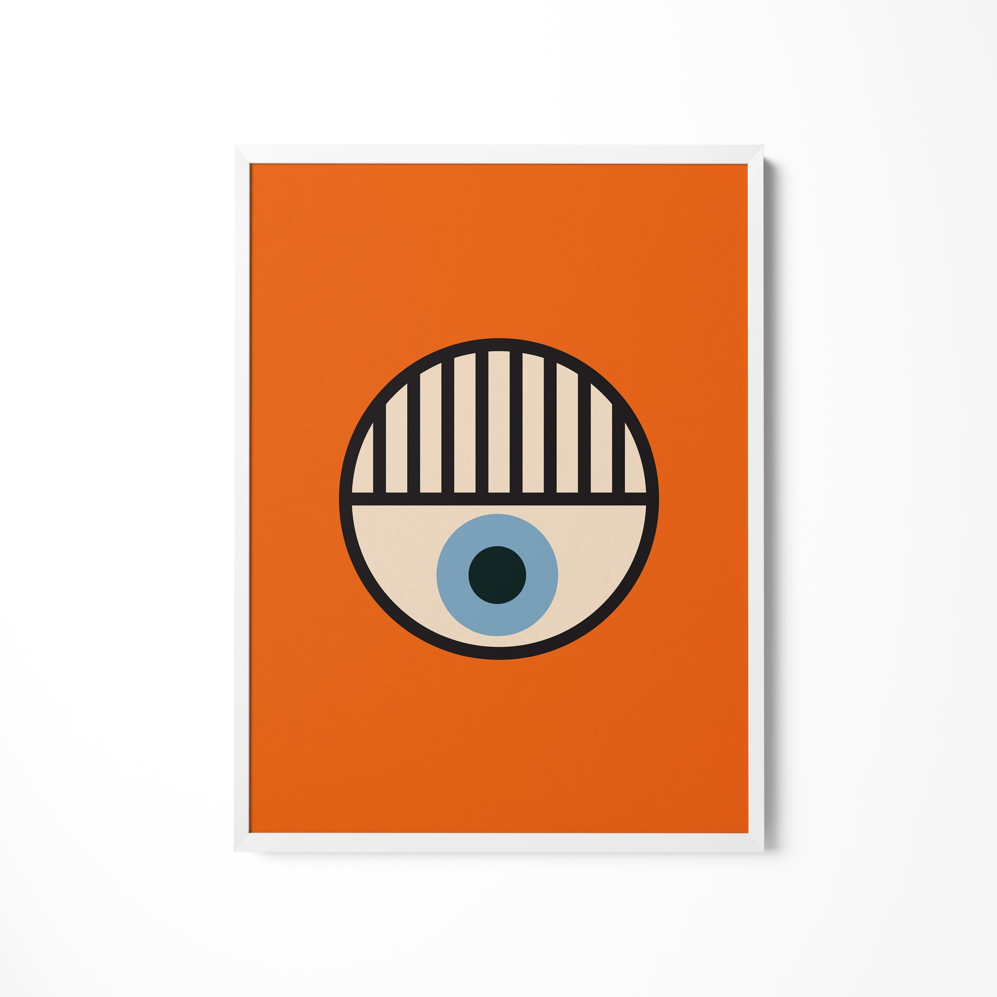 an orange square with a blue eye on it