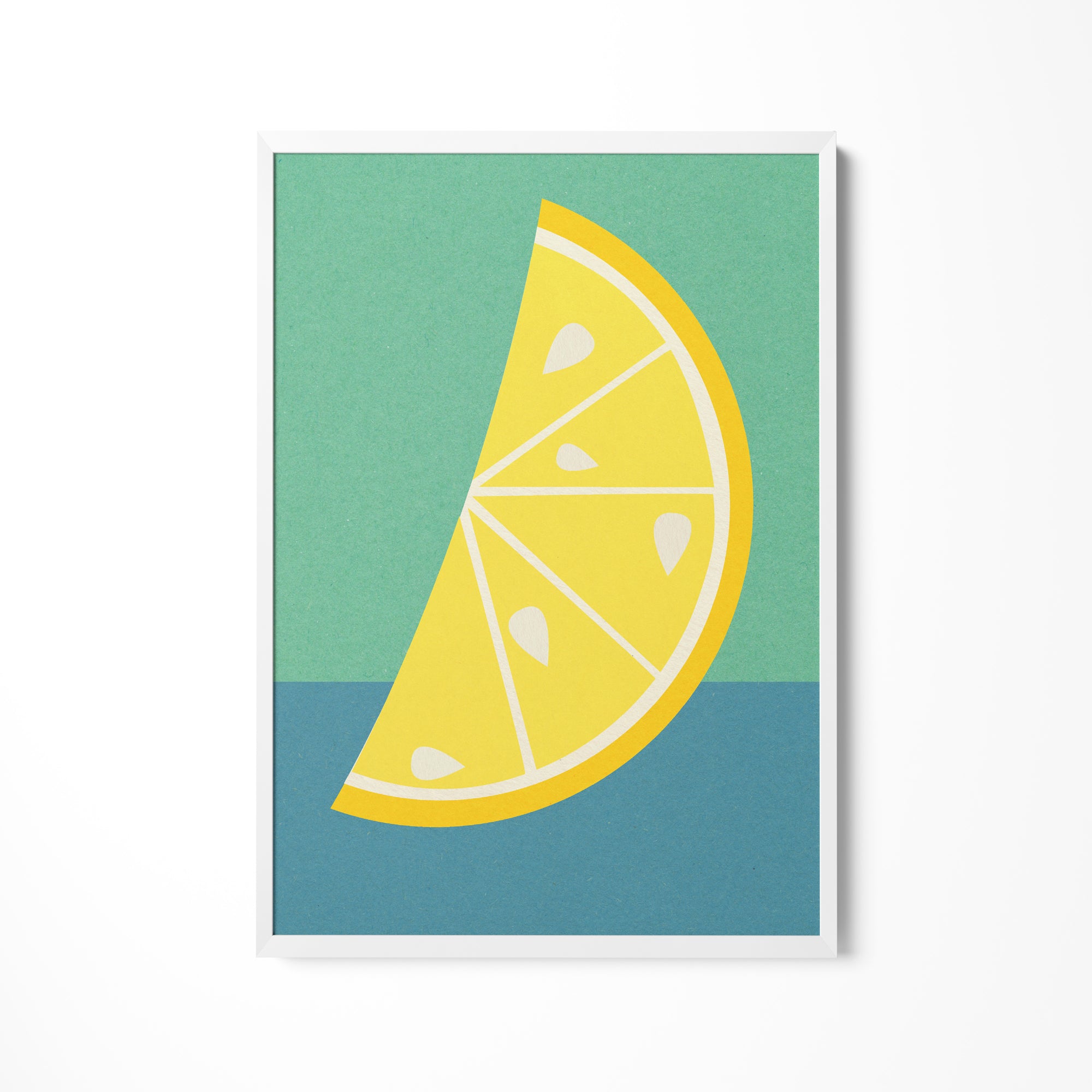 a picture of a slice of lemon on a blue and green background
