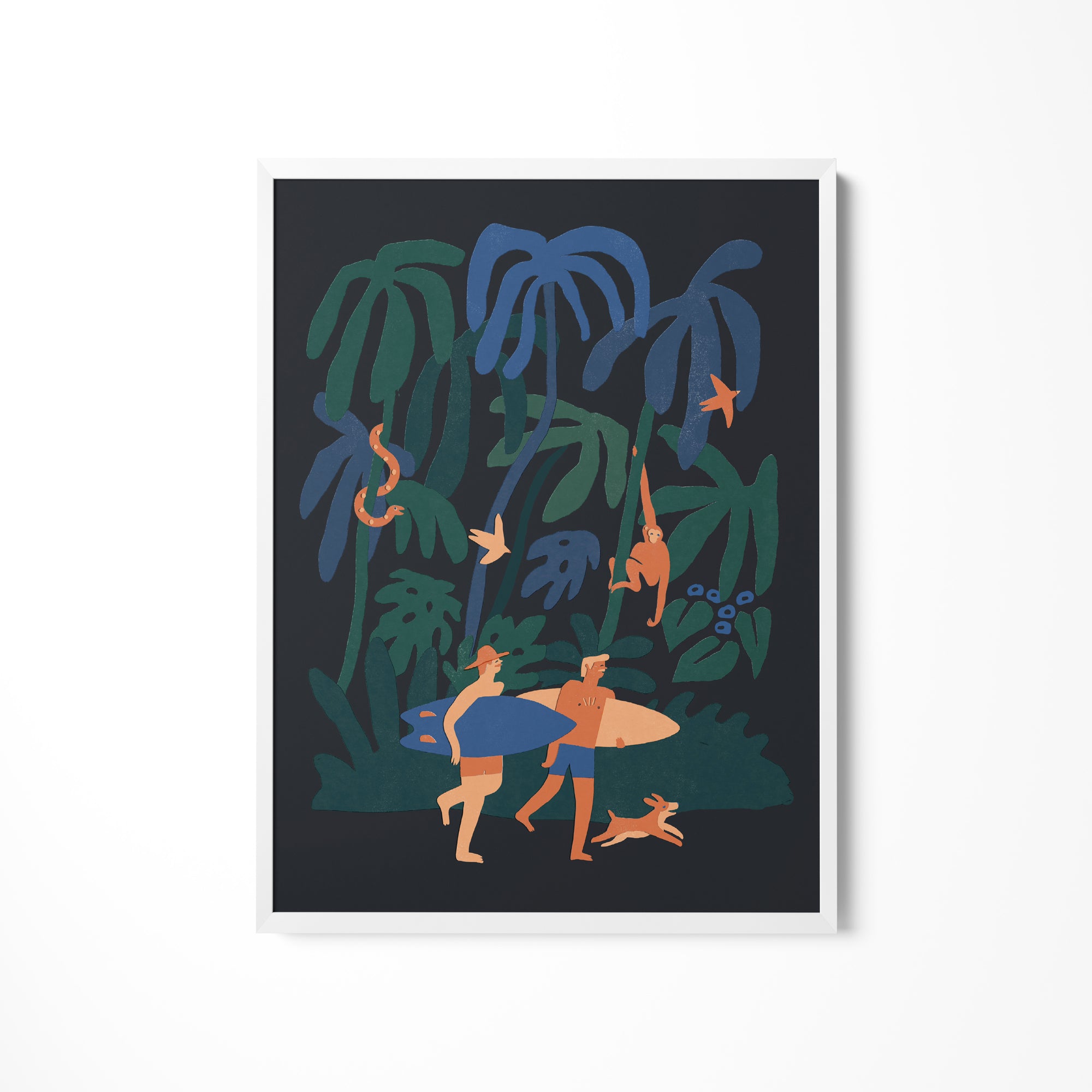a painting of a man carrying a surfboard in the jungle