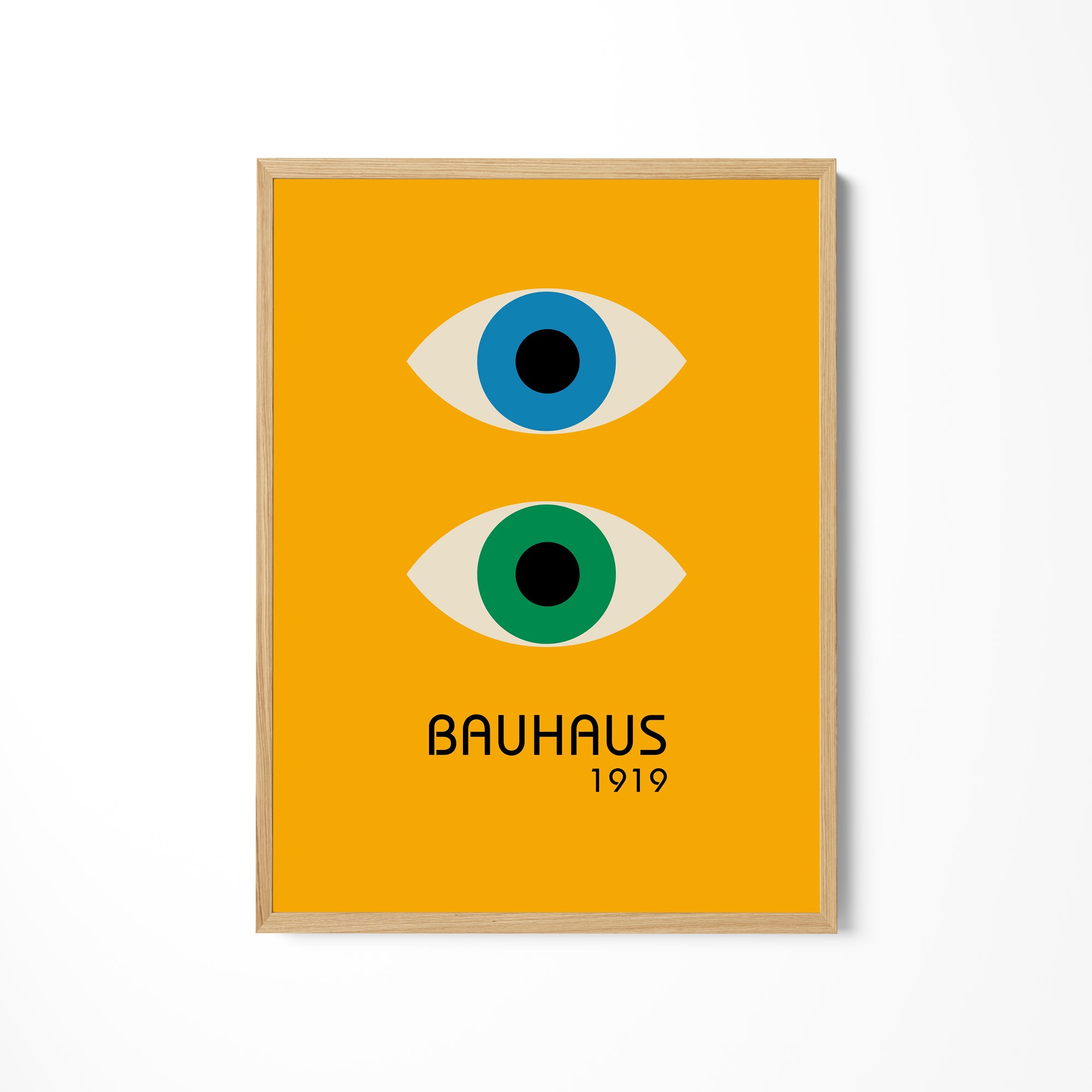 a yellow poster with two blue and green eyes