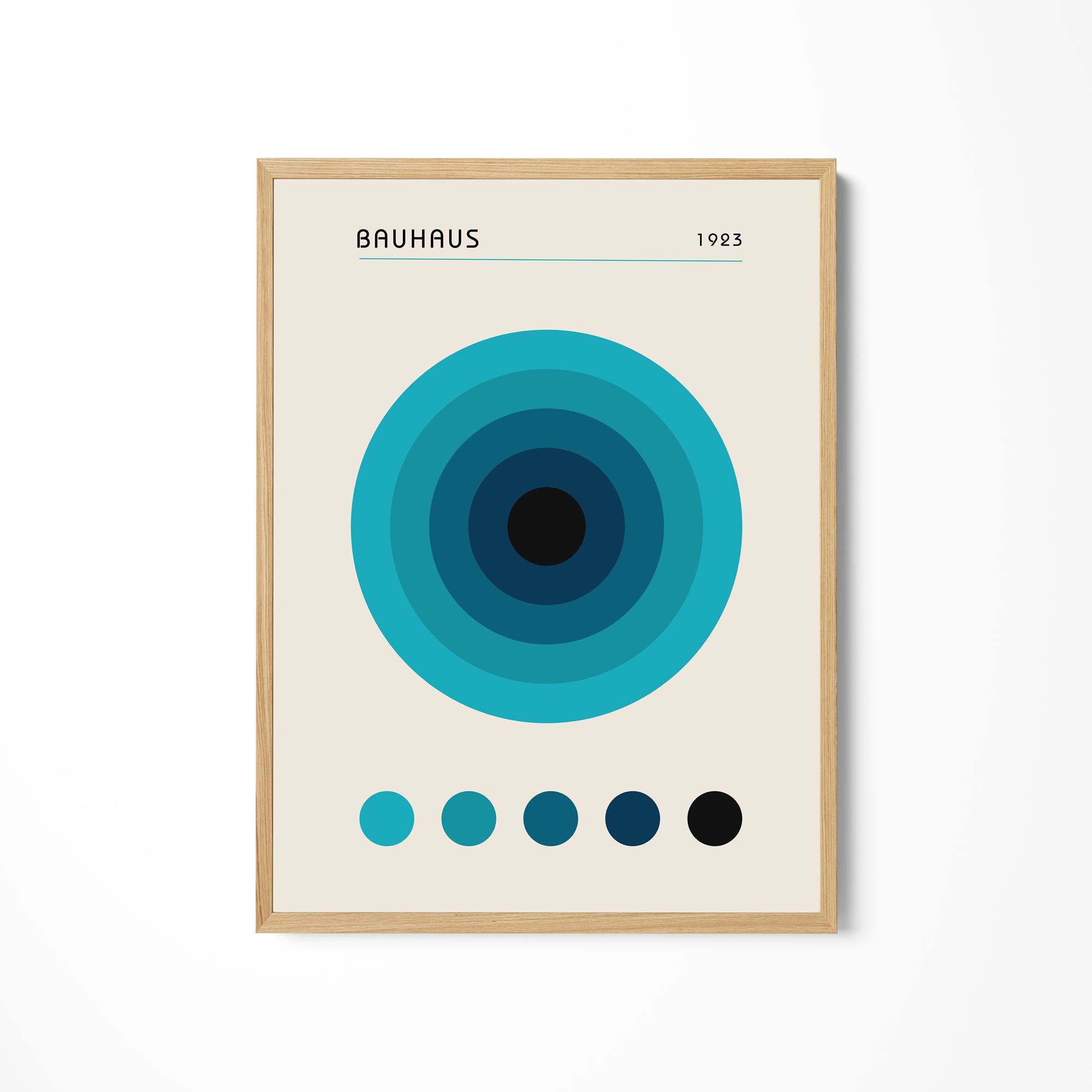 a poster of a blue and black circle on a white wall