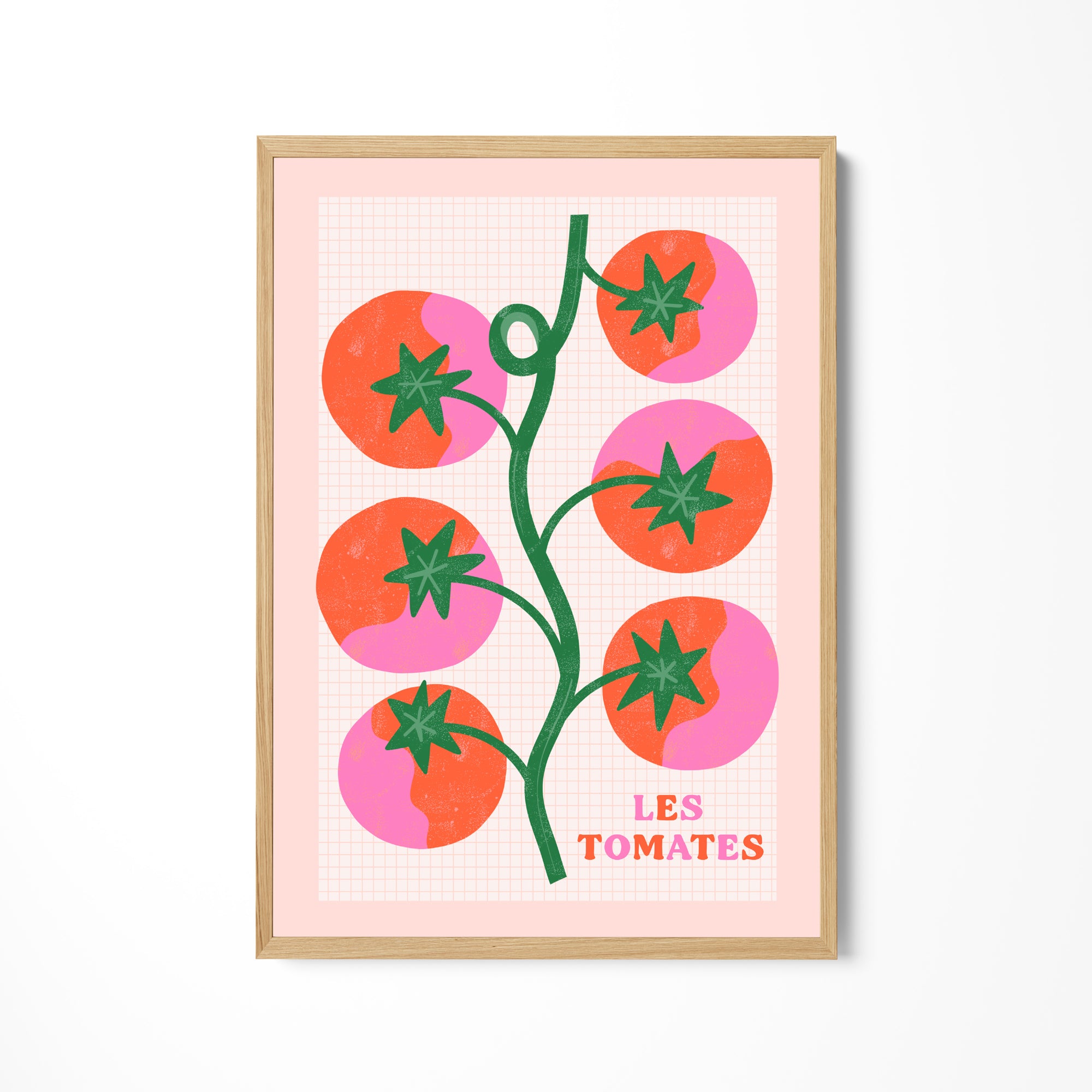 a pink poster with green leaves and red tomatoes