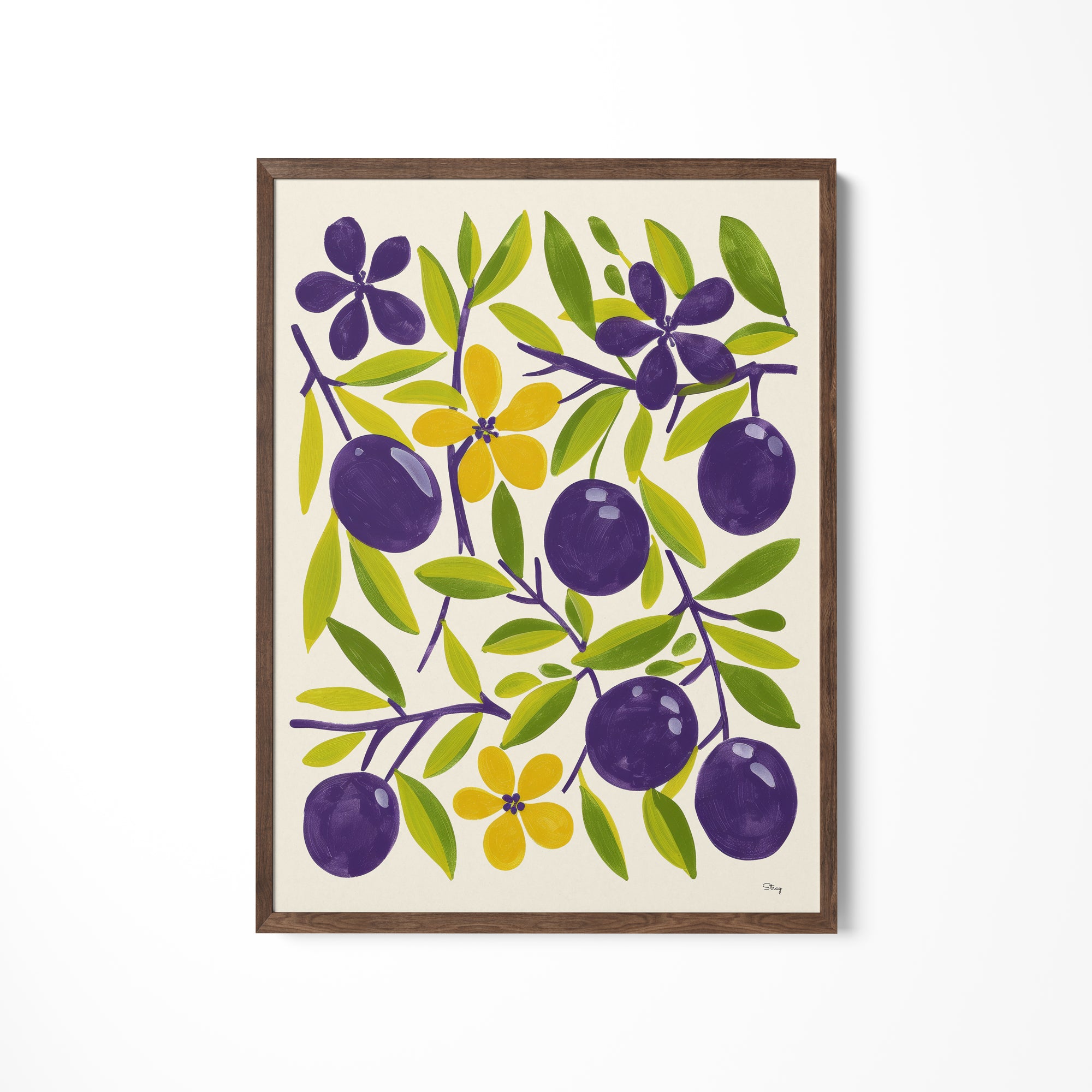 a painting of plums and leaves on a white wall