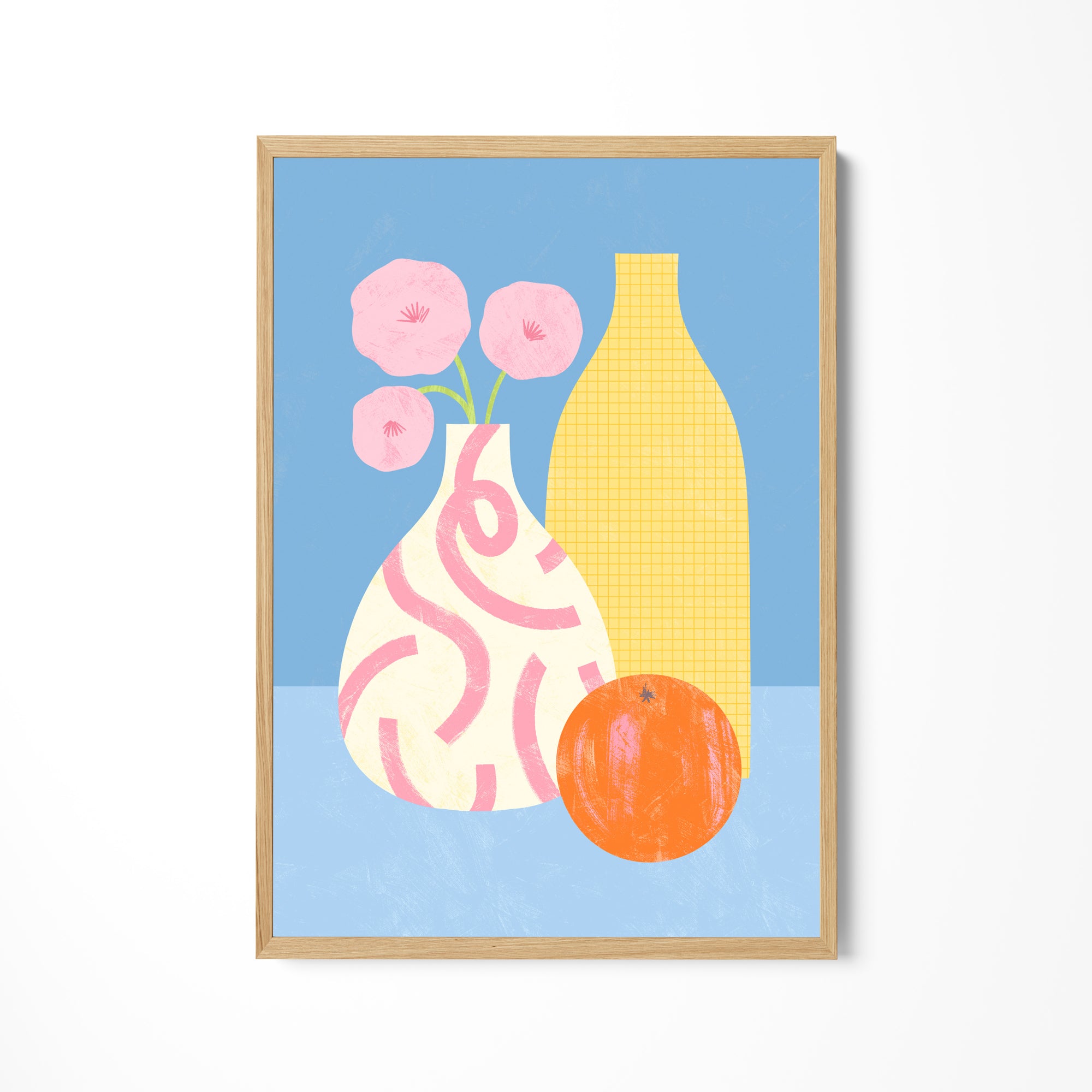 a painting of a vase with flowers and an orange