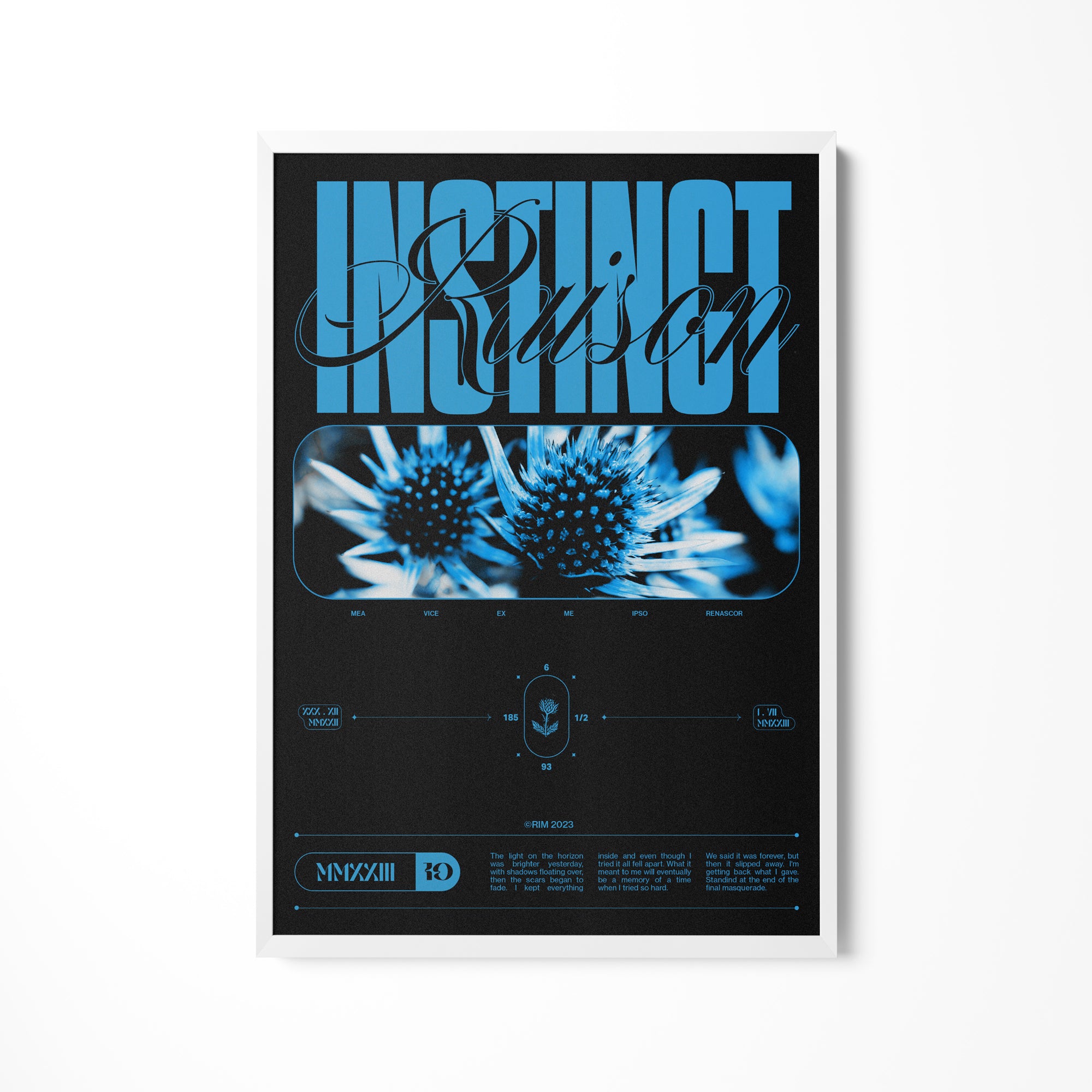 a black and blue poster on a white wall