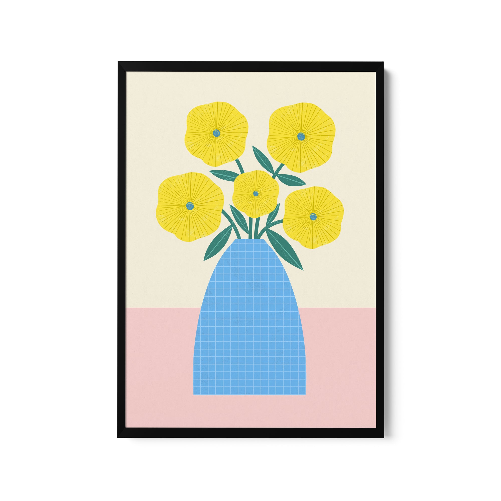 a blue vase with yellow flowers in it