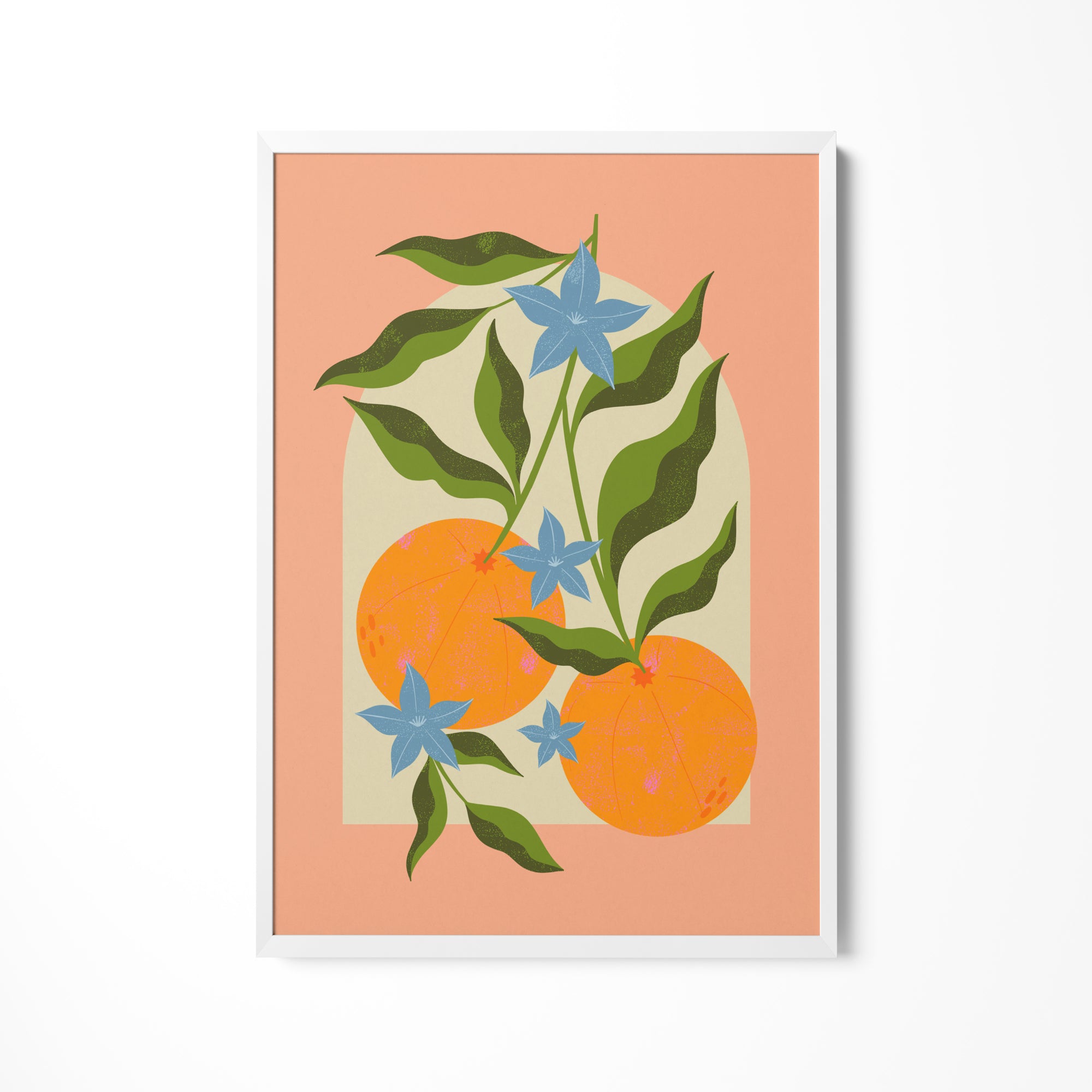 a painting of oranges and blue flowers on a peach background