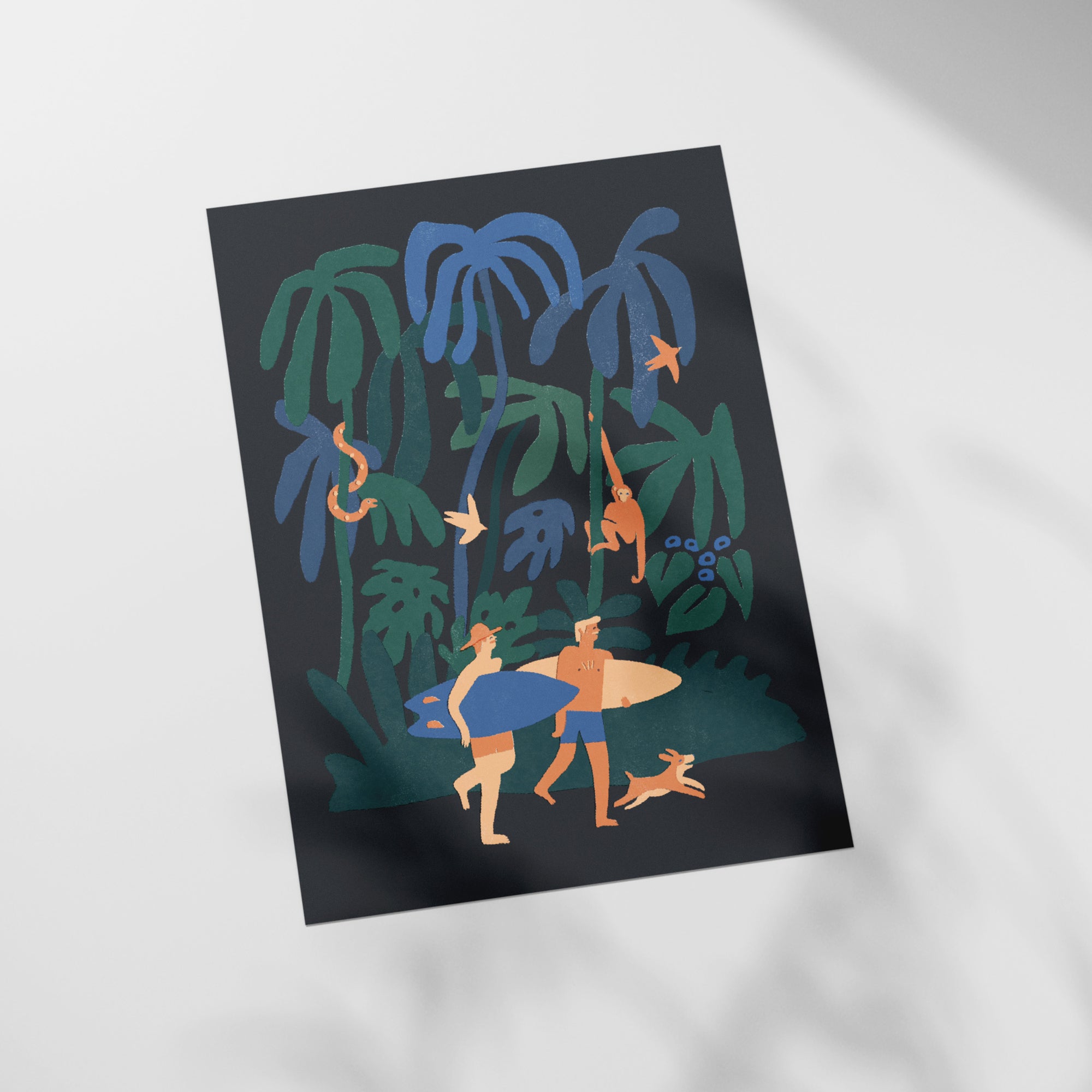 a person holding a surfboard in front of a forest