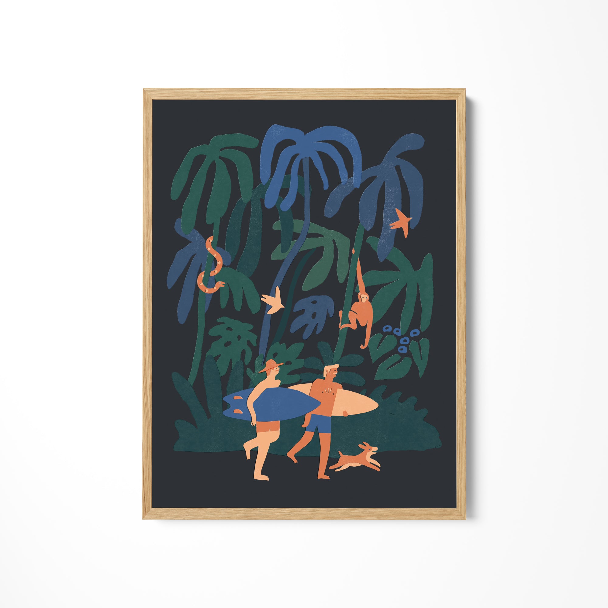 a painting of a man carrying a surfboard in the jungle