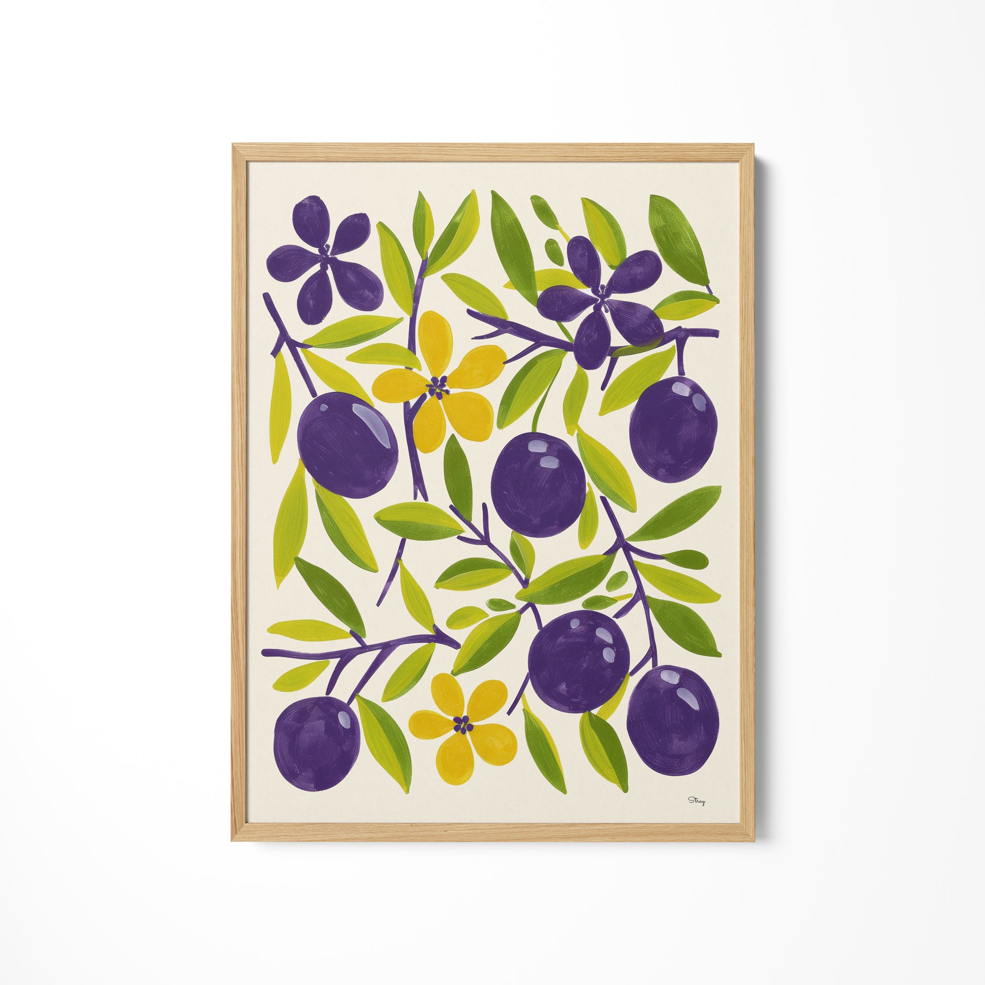 a painting of plums and leaves on a white wall