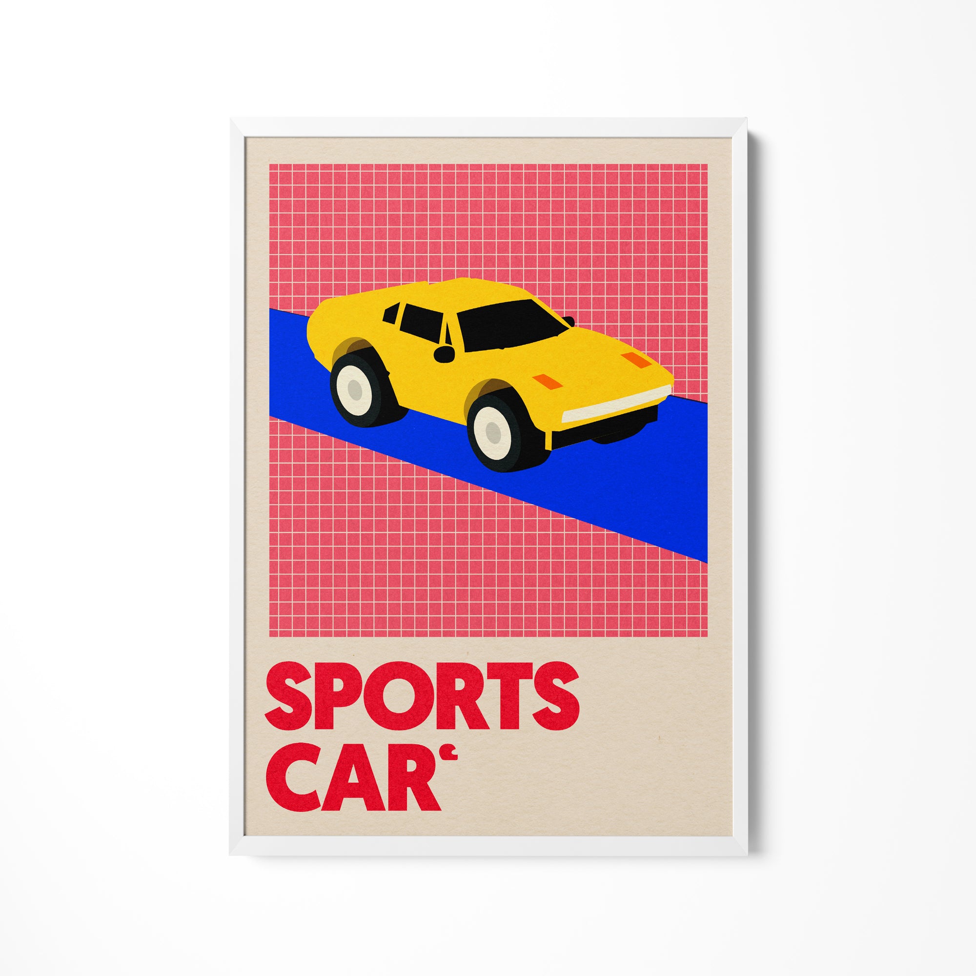 a yellow sports car on a red and blue background