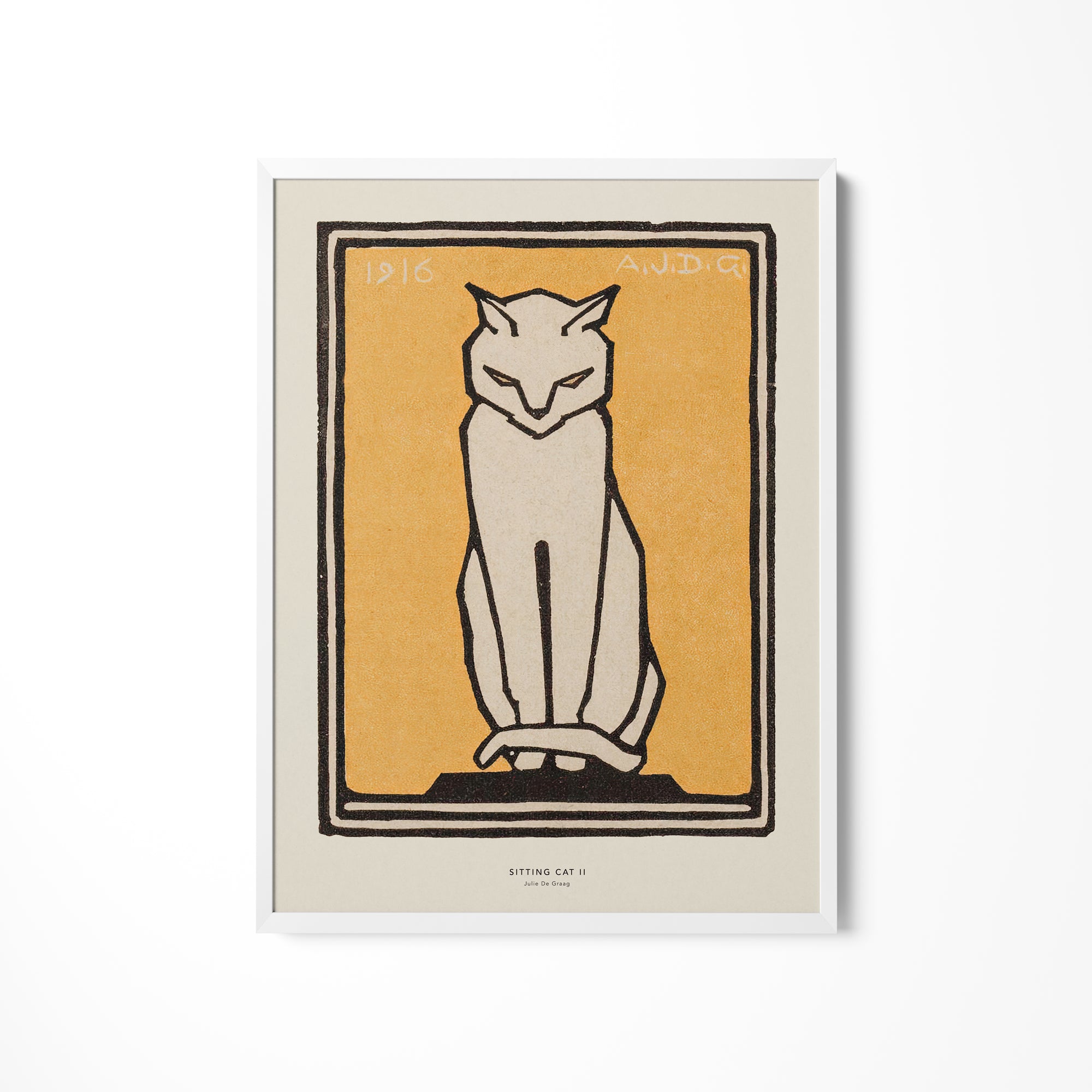 a white cat sitting on top of a yellow background