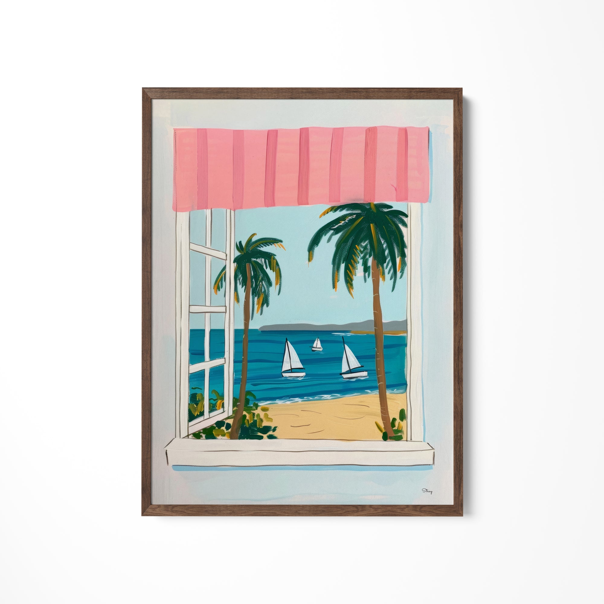 a painting of a window with a view of a beach