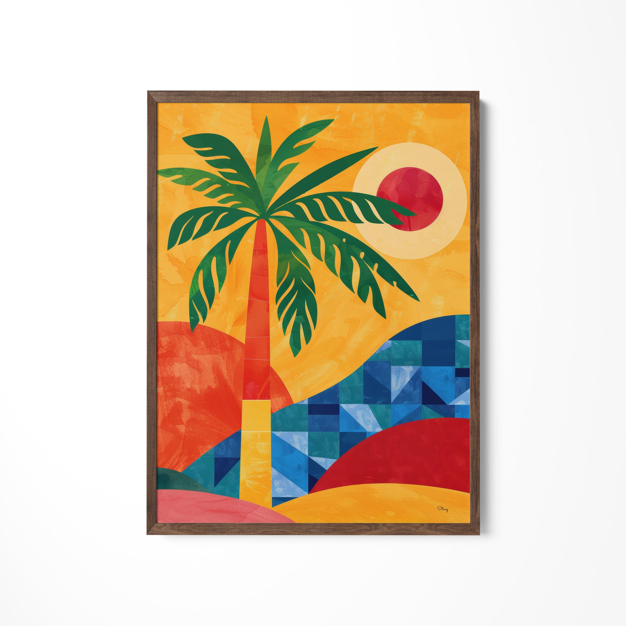 a painting of a palm tree on a white wall