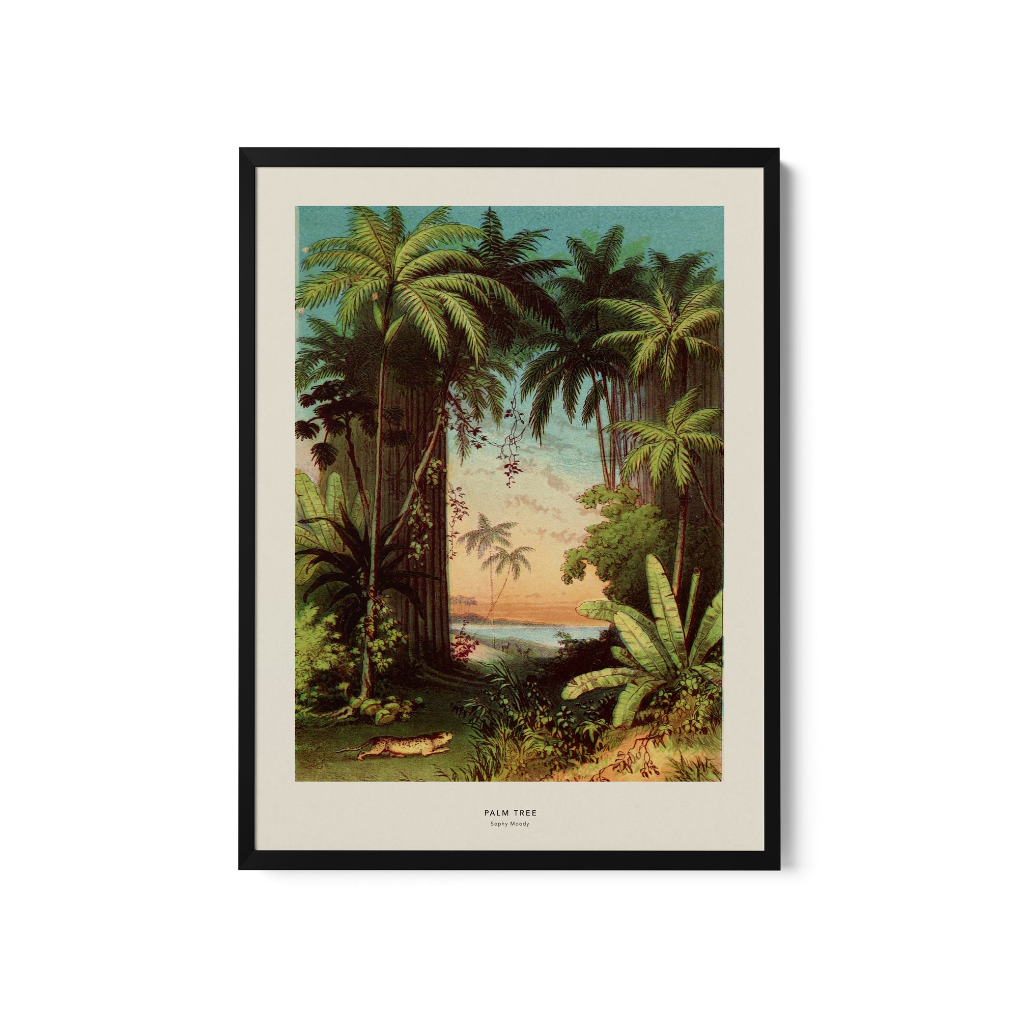 a painting of a tropical scene with palm trees
