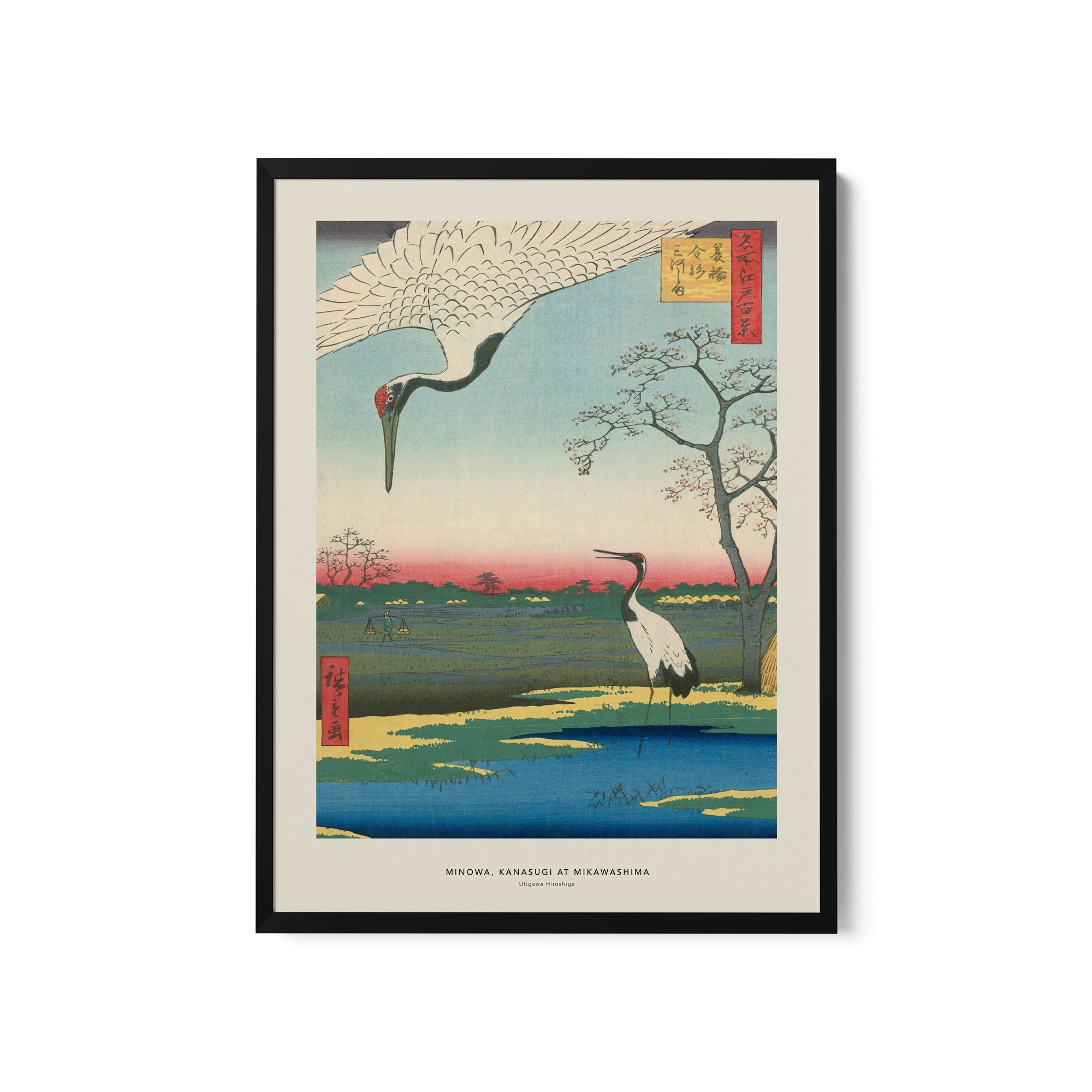 a painting of a crane flying over a body of water