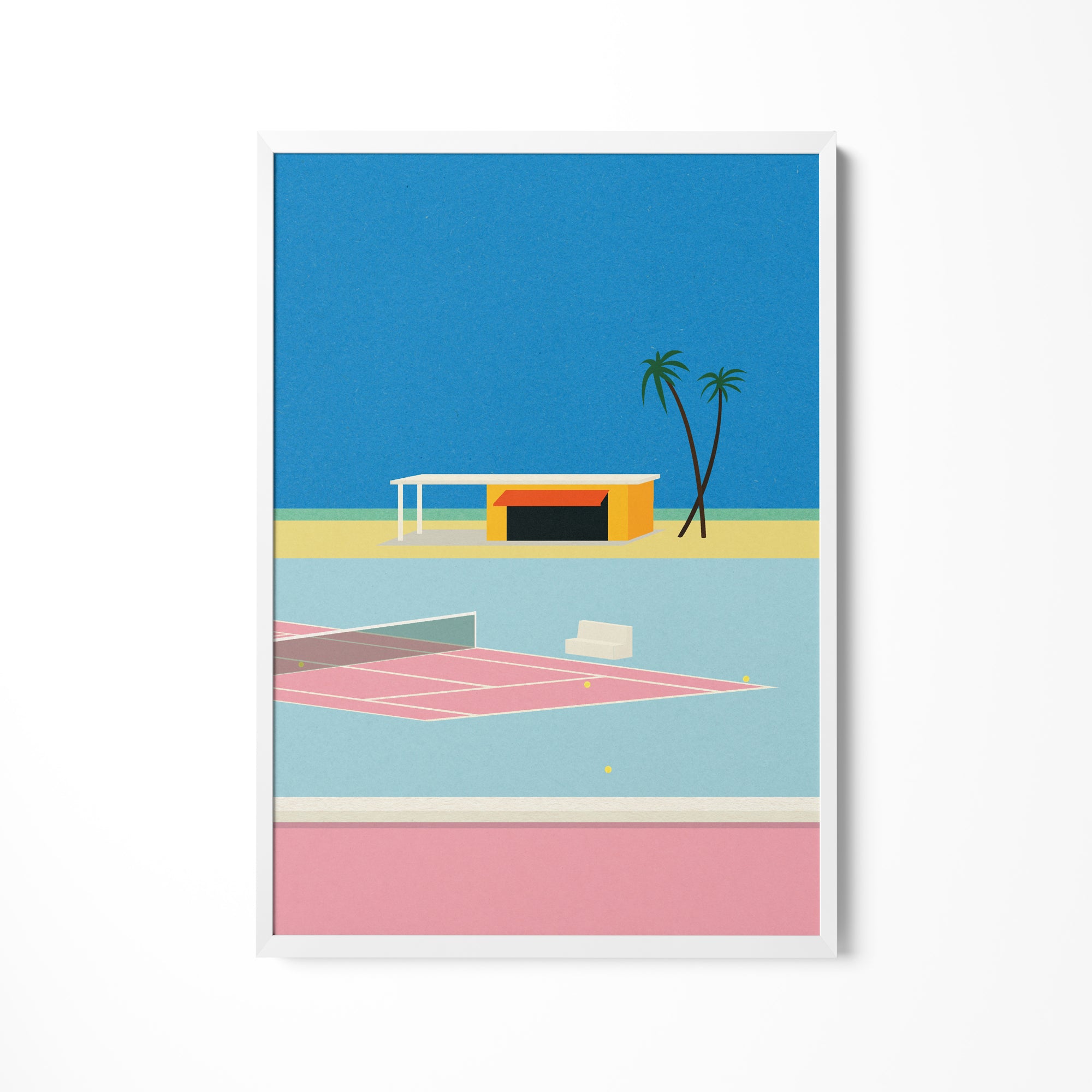 a picture of a tennis court with a palm tree in the background