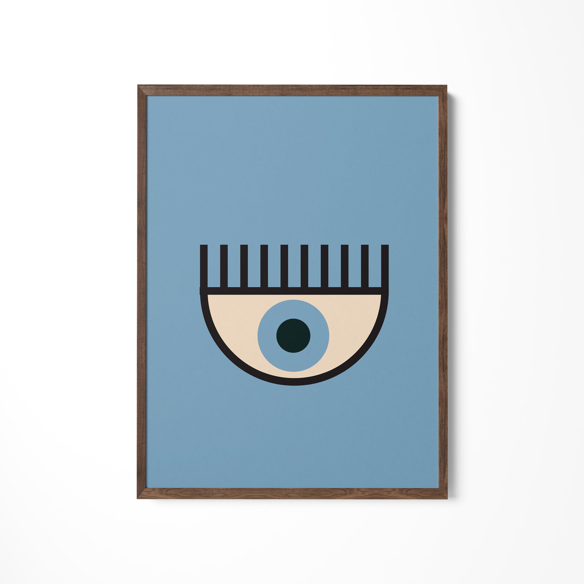 a picture of a blue eye with a brown frame