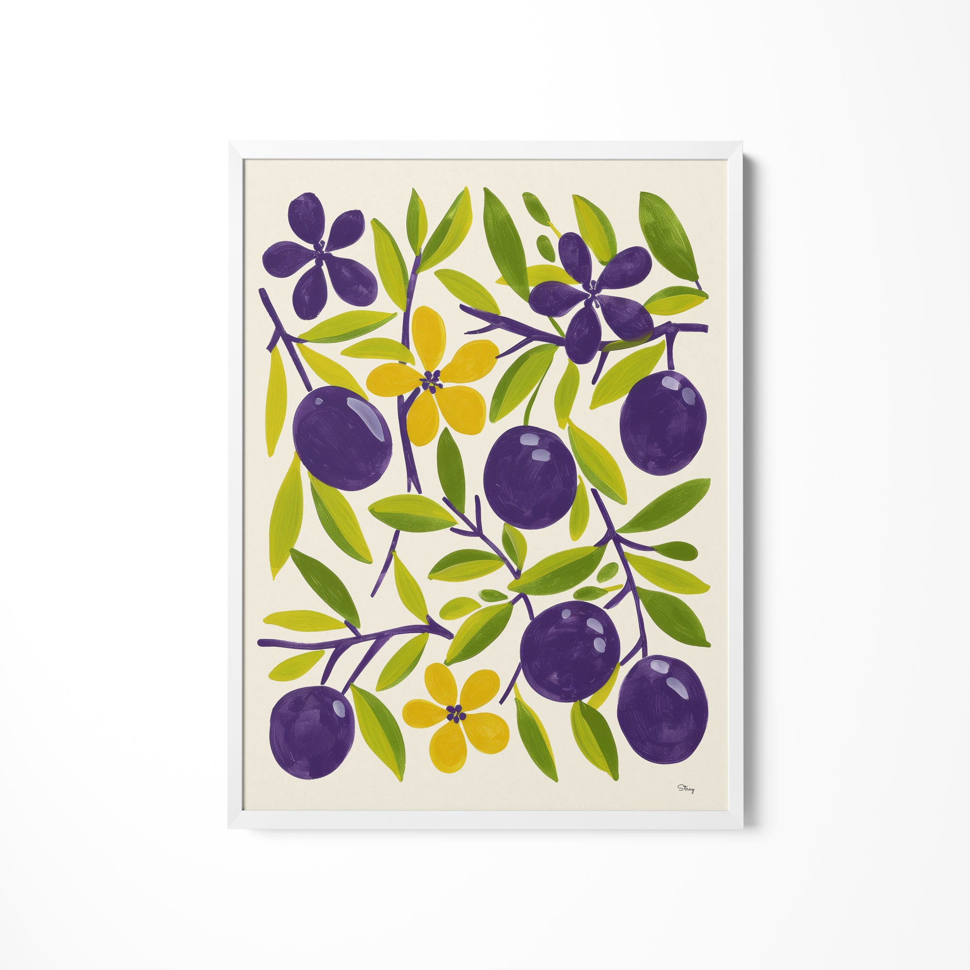 a painting of plums and leaves on a white background