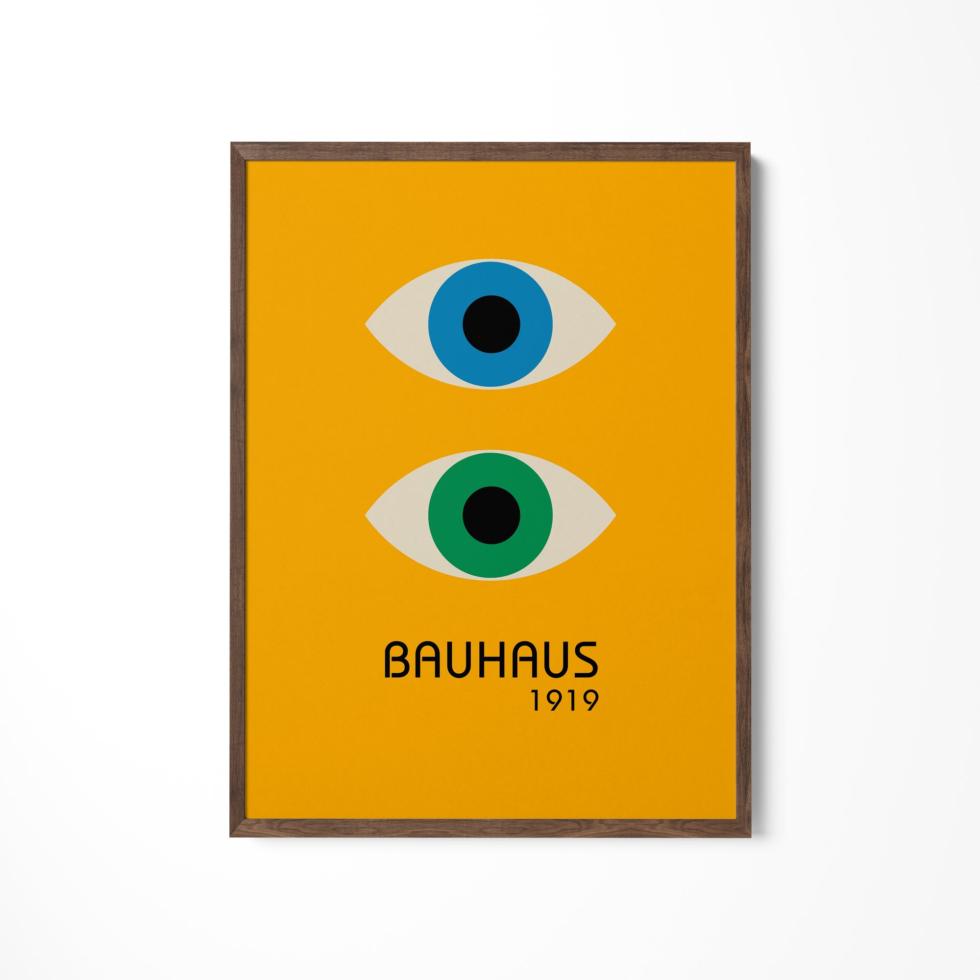 a yellow poster with two blue and green eyes