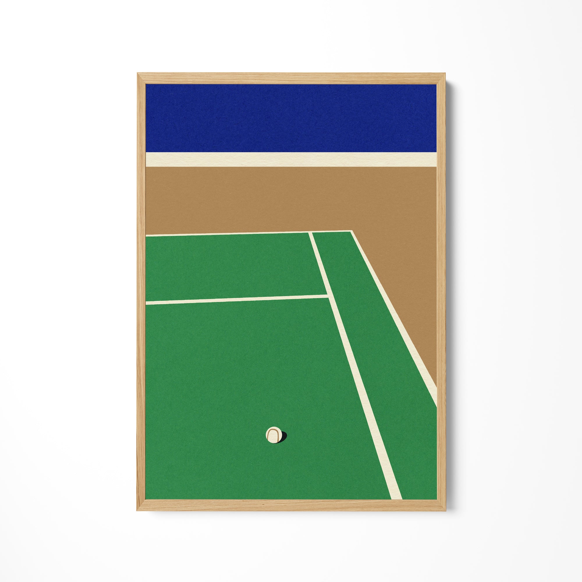 a painting of a tennis court with a ball in the air