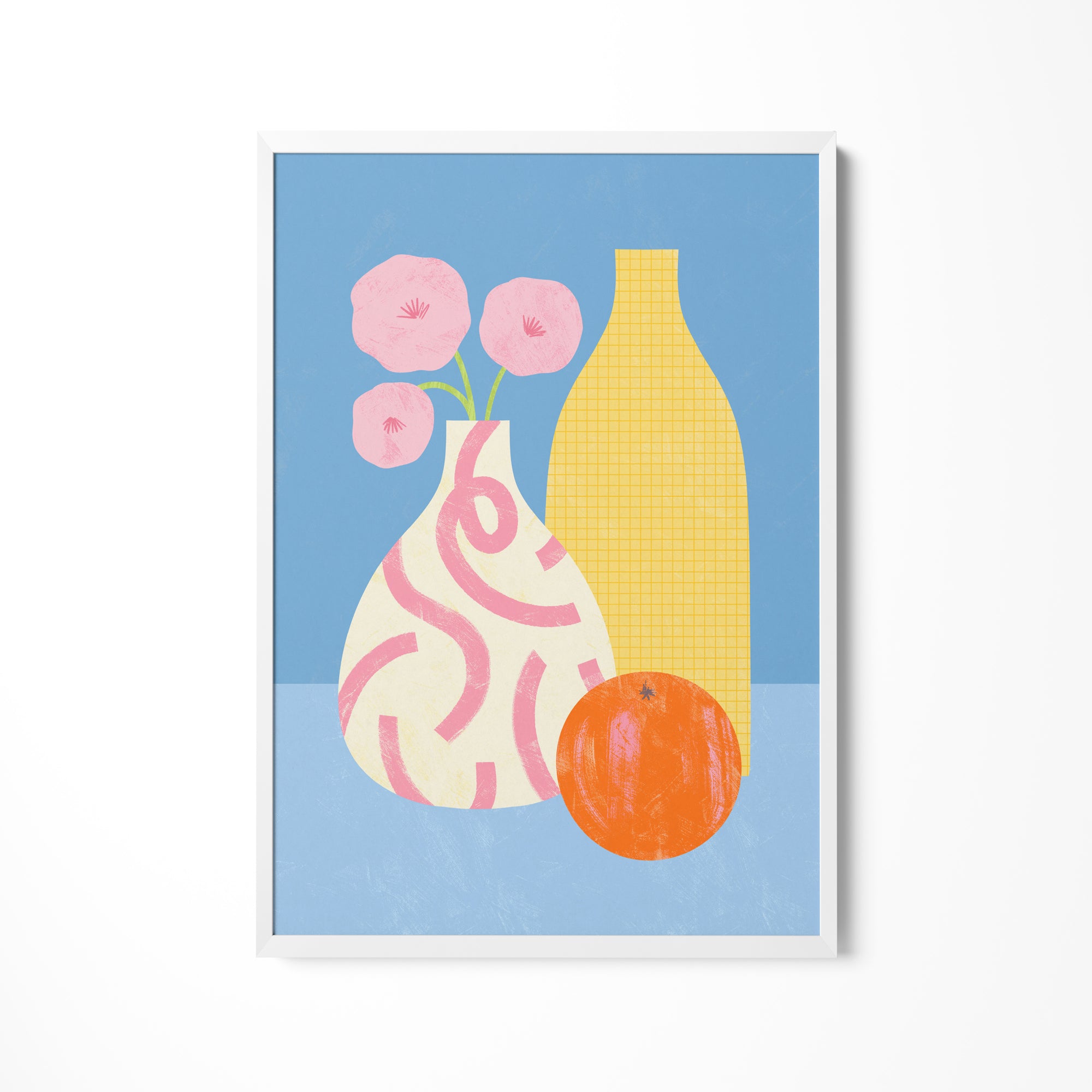 a painting of a vase with flowers and an orange