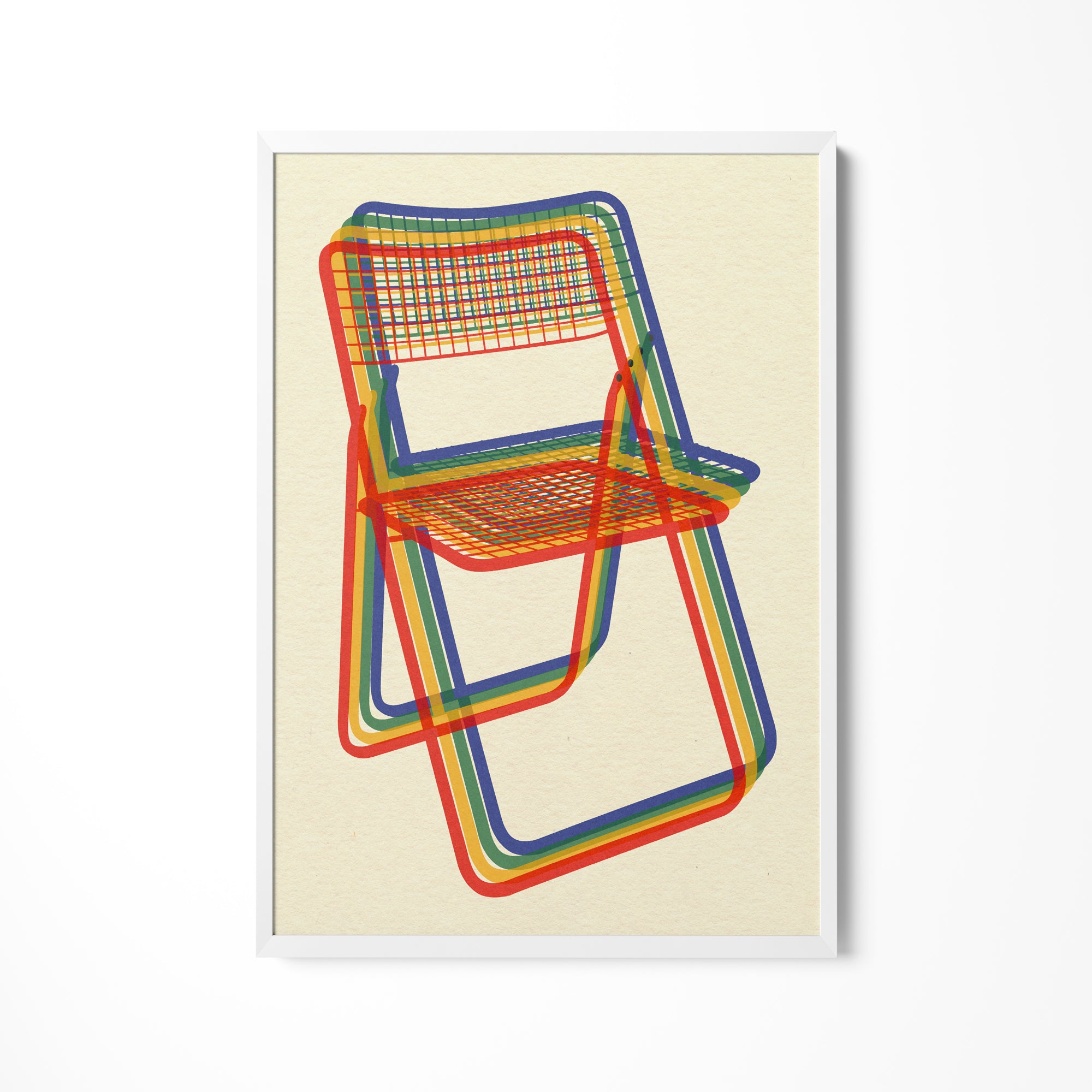 a picture of a colorful chair on a white wall