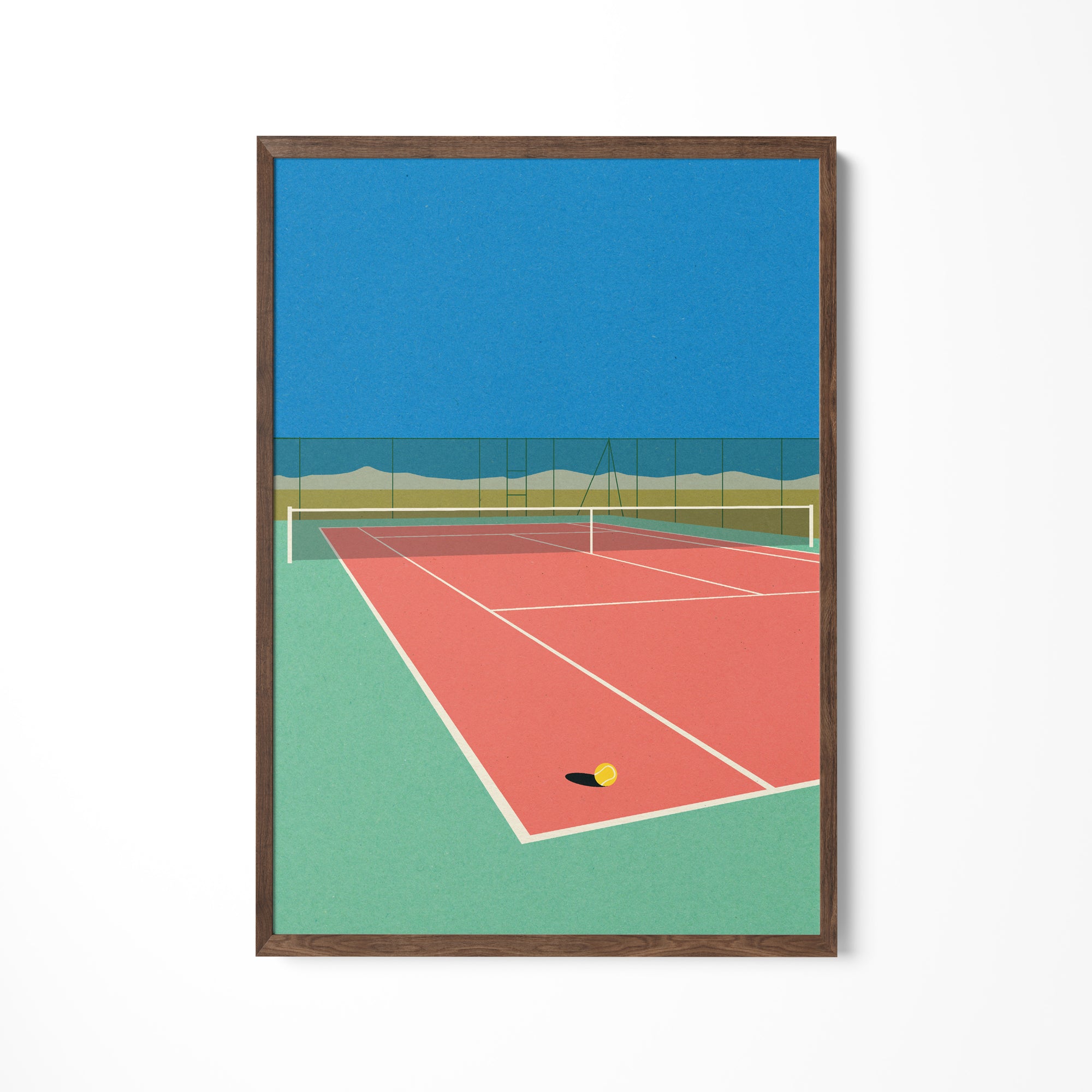 a painting of a tennis court with a tennis ball on it