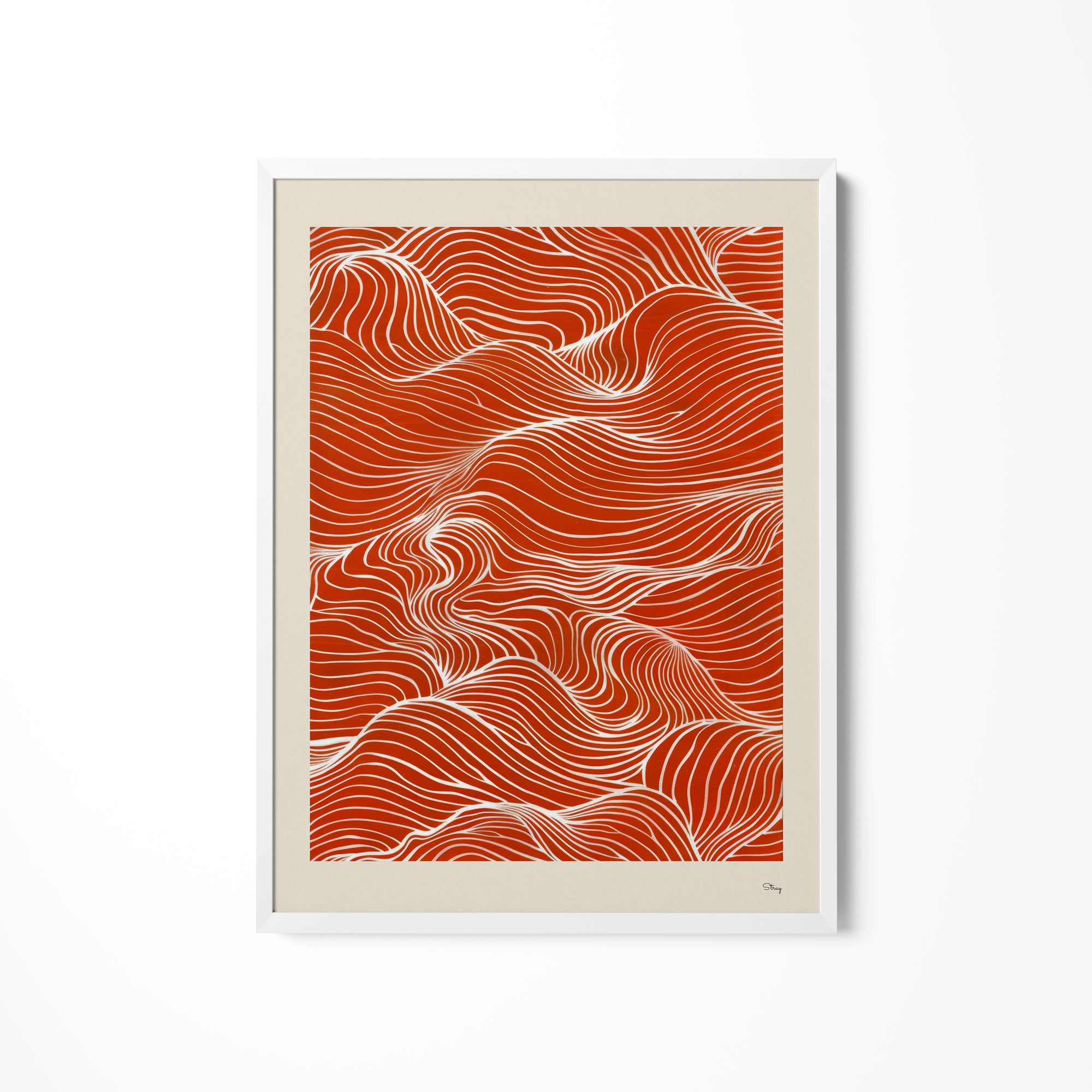 a red and white print on a white wall