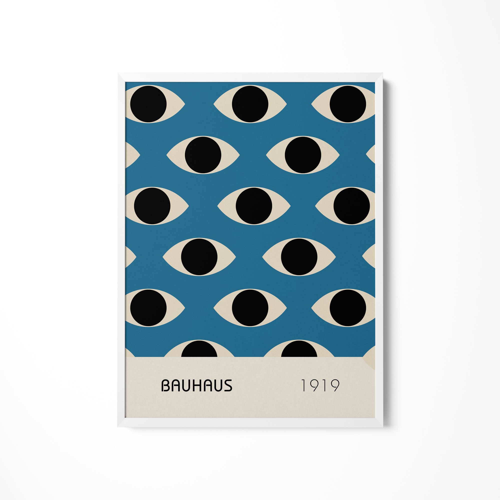 a blue poster with black and white circles on it