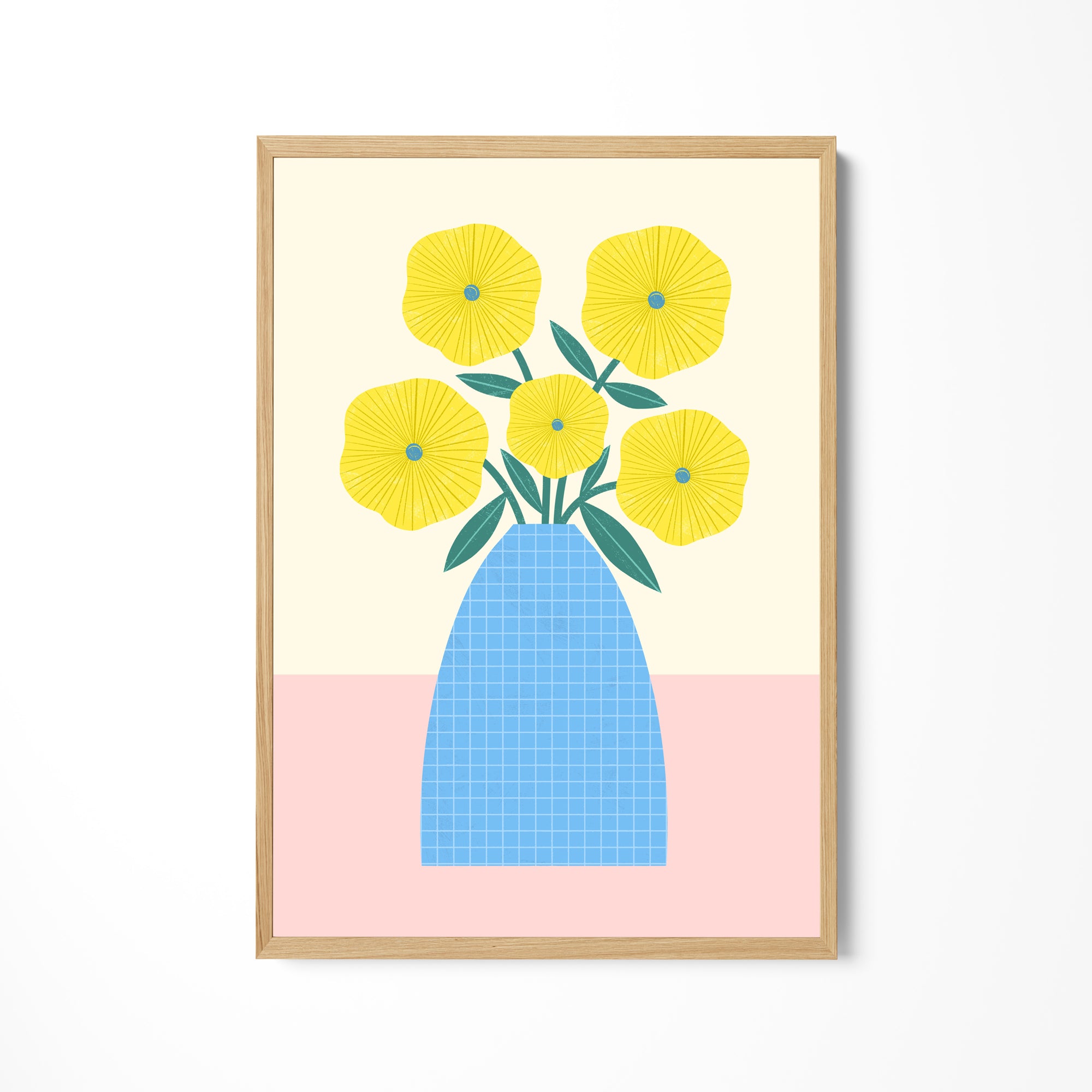 a blue vase filled with yellow flowers on top of a white wall