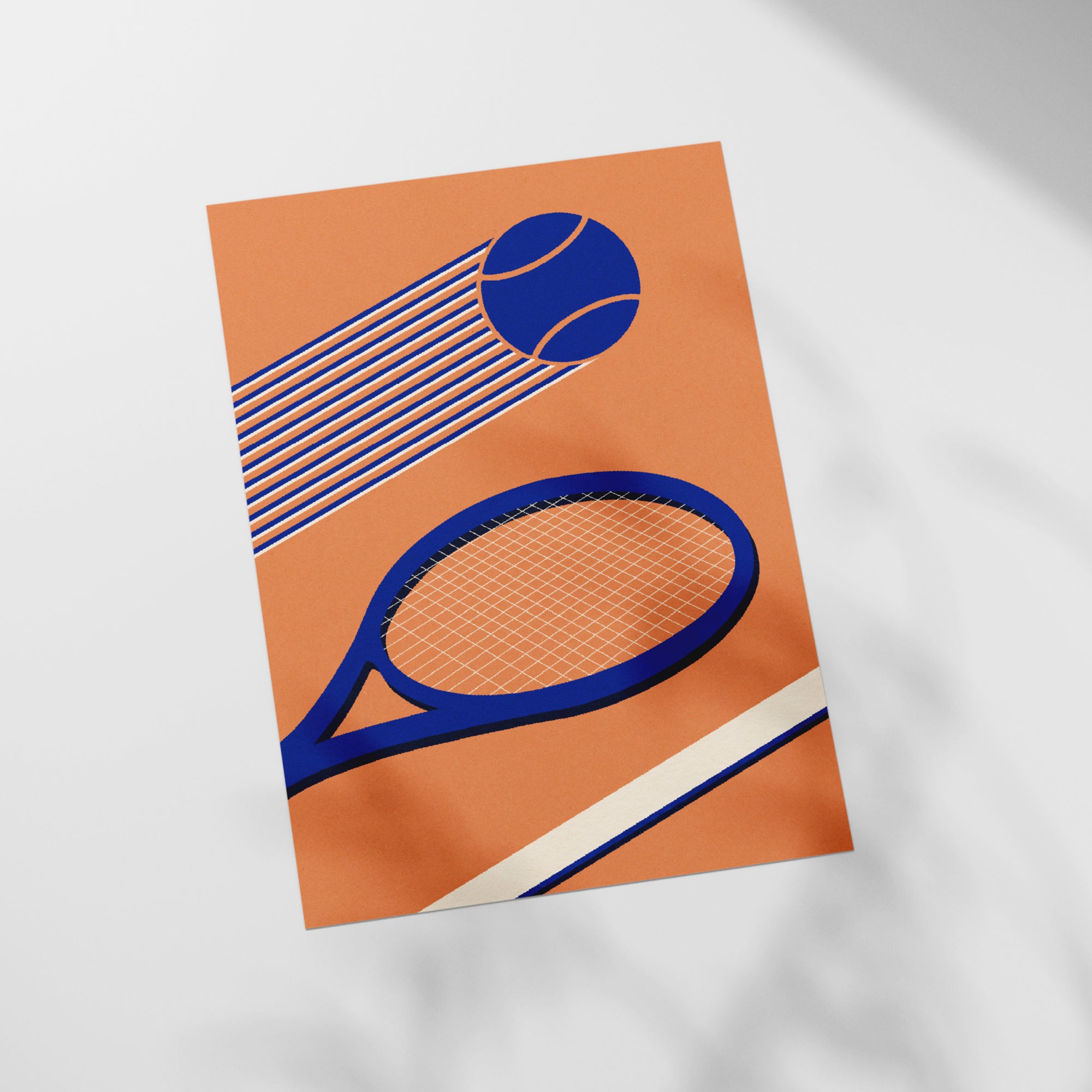 a tennis racket and ball on an orange background