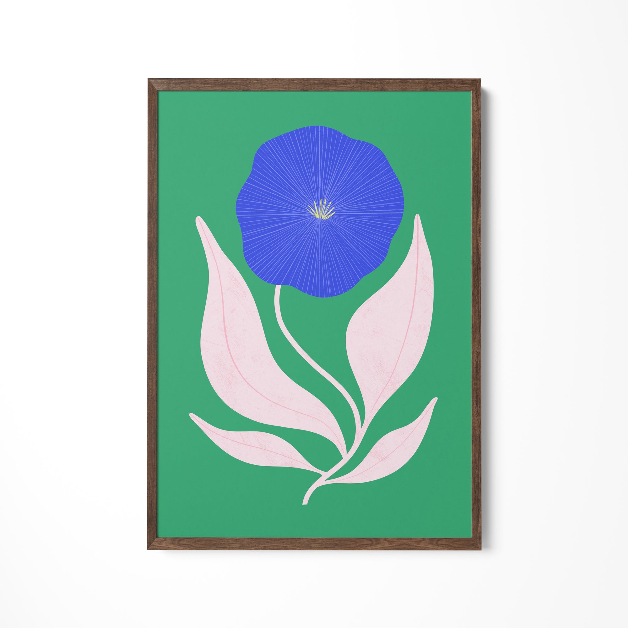 a painting of a blue flower on a green background