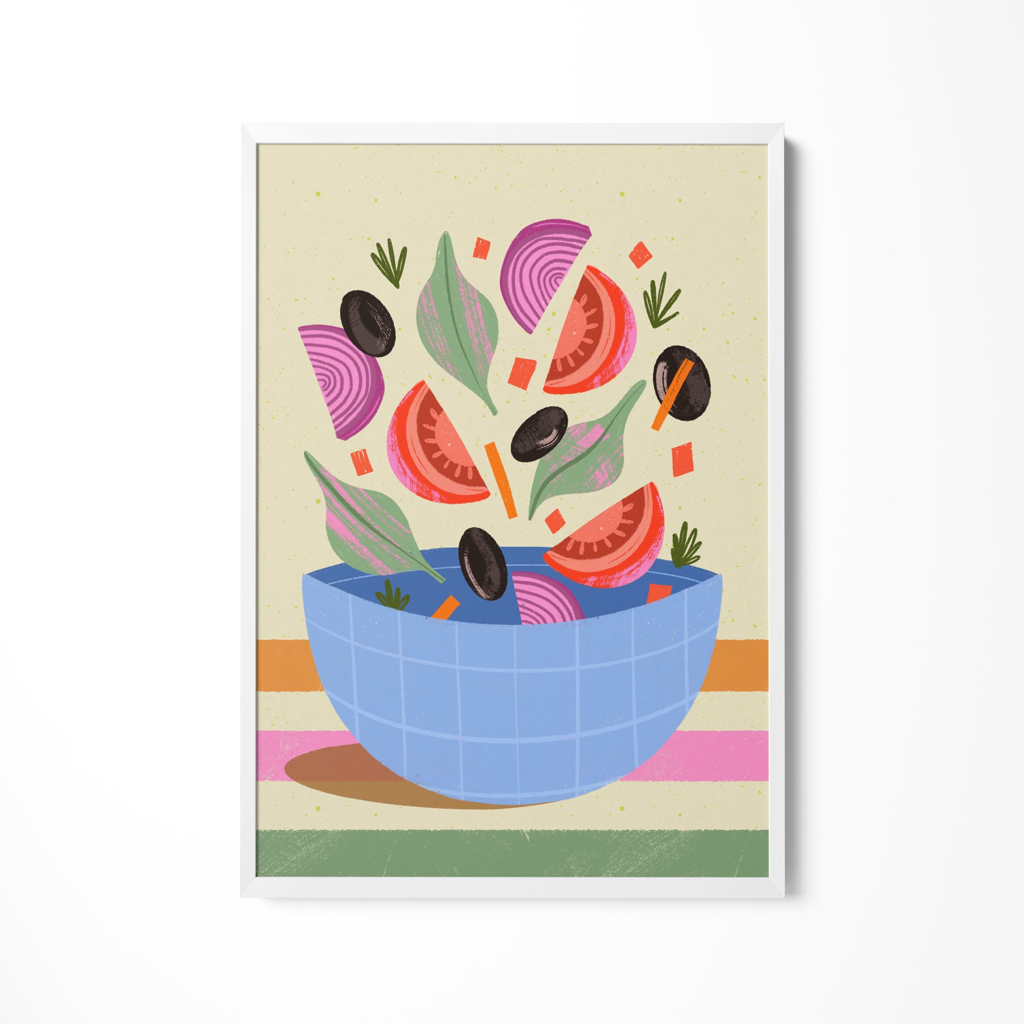 a picture of a bowl of vegetables falling into it