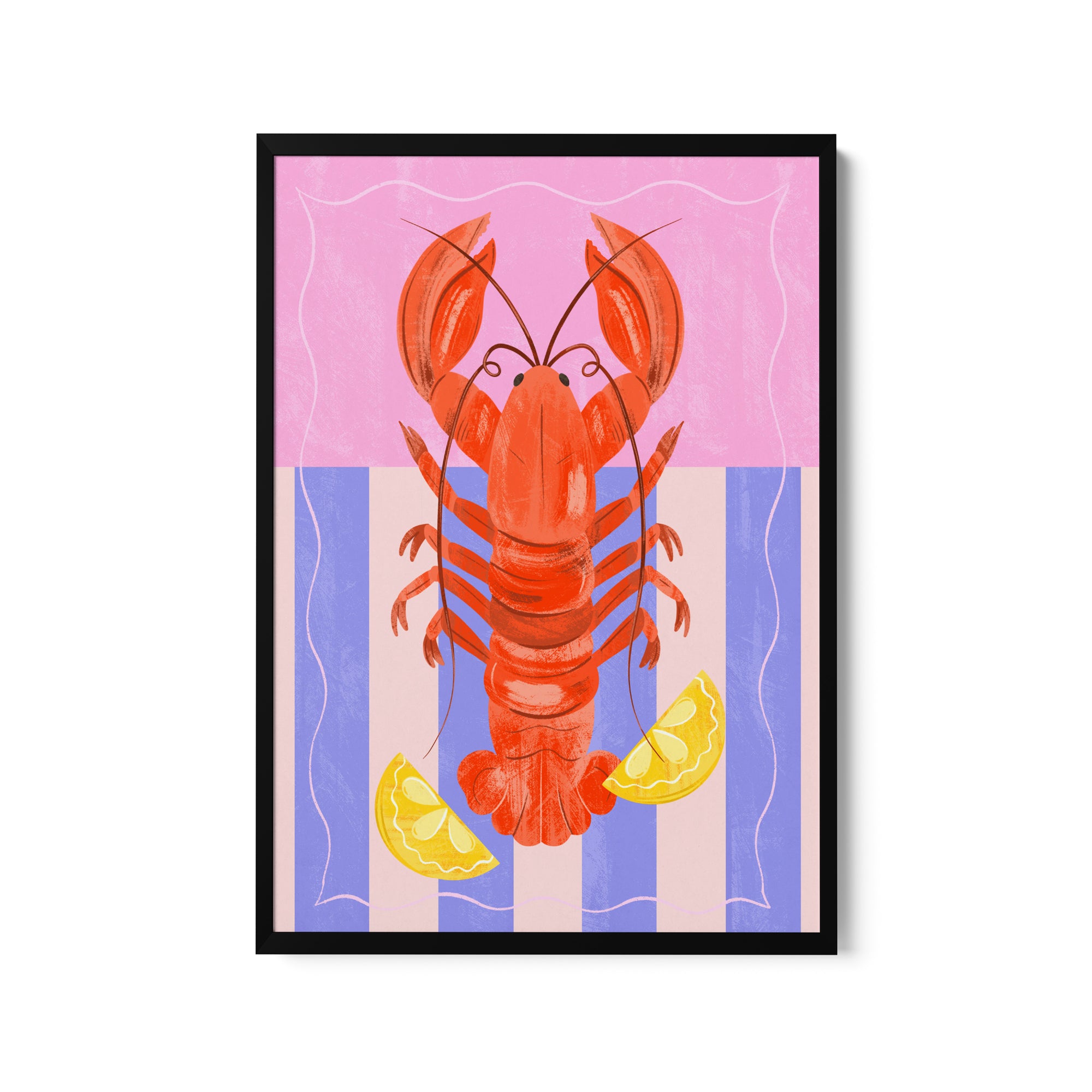 a painting of a lobster with lemon slices