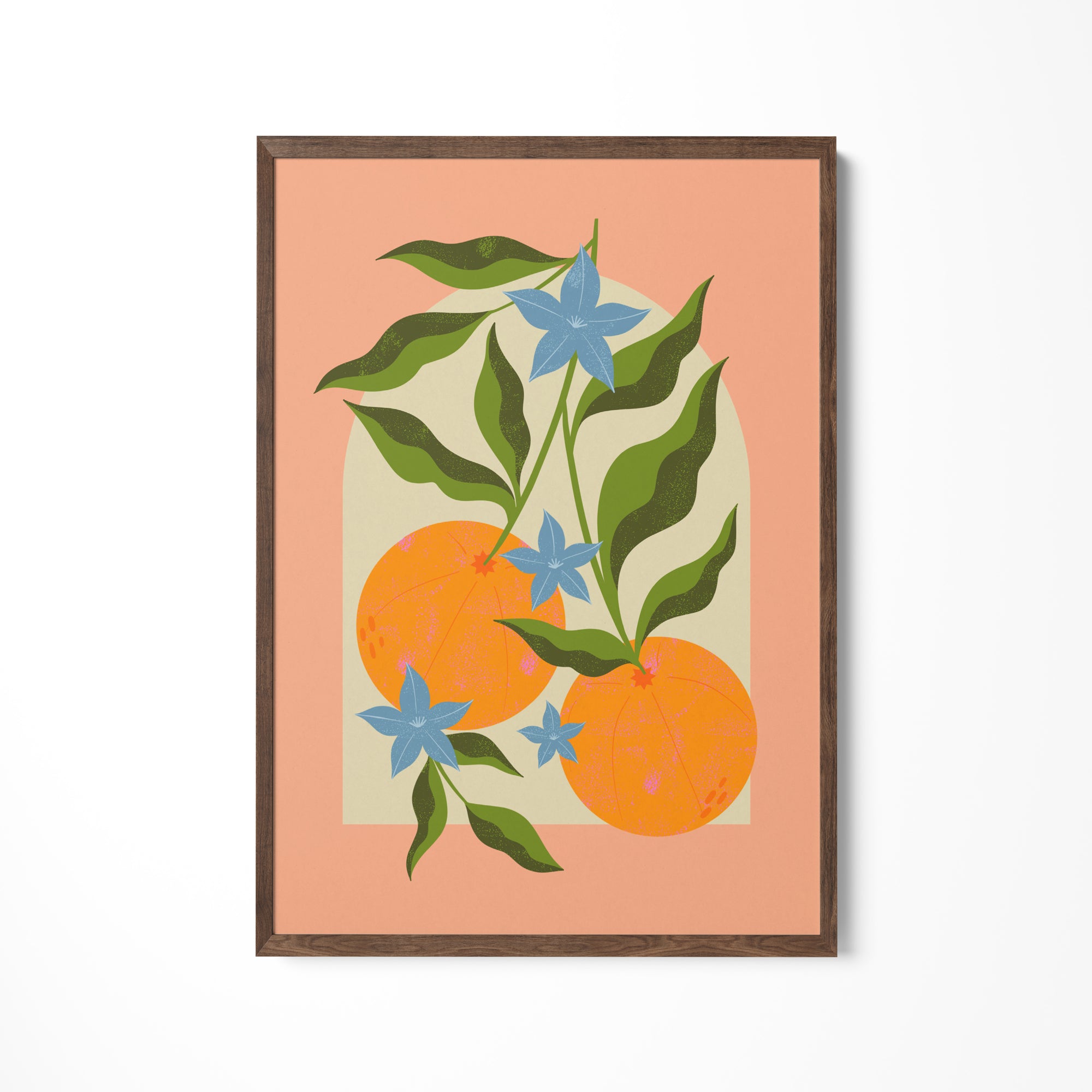 a painting of oranges and blue flowers on a peach background