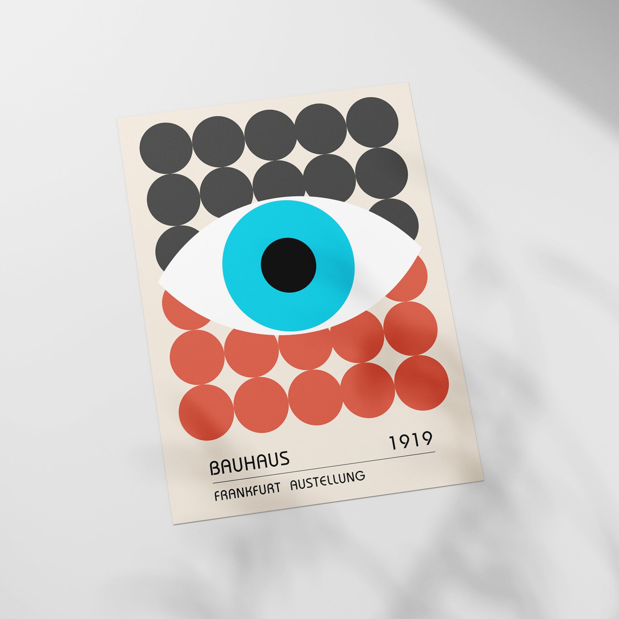 a close up of a poster with a blue eye