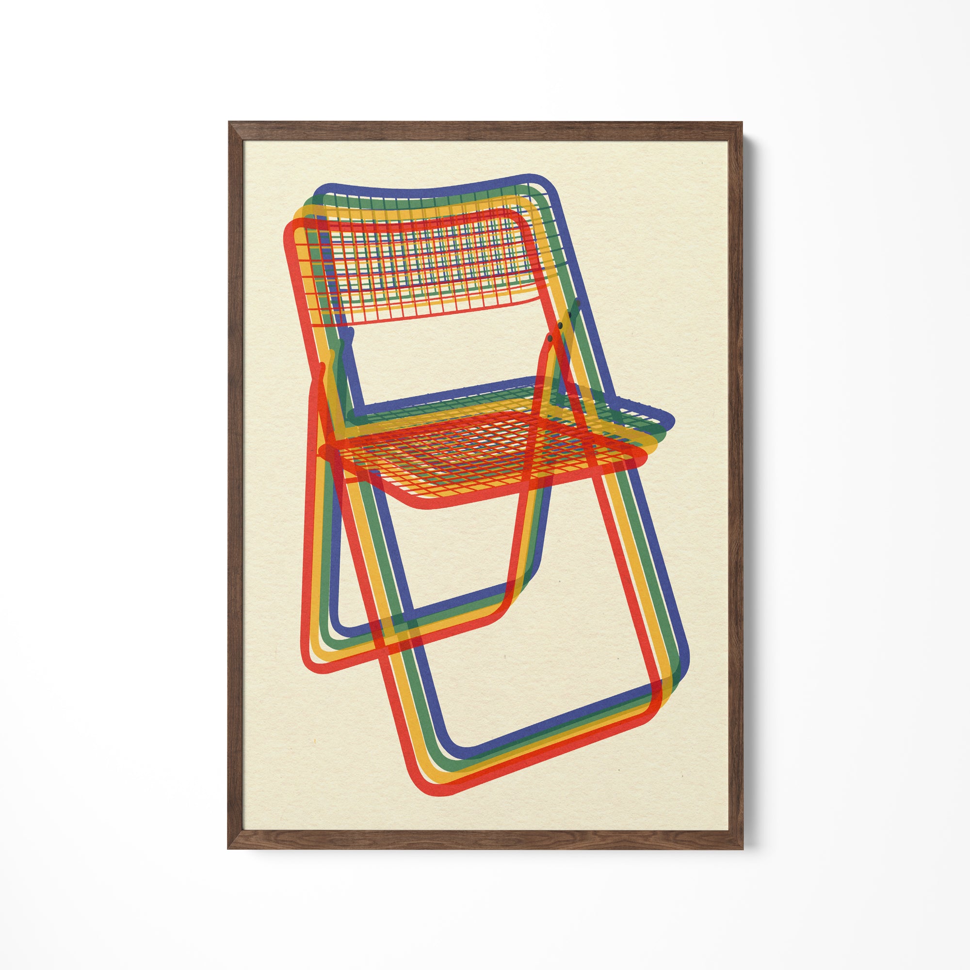 a picture of a colorful chair on a white wall