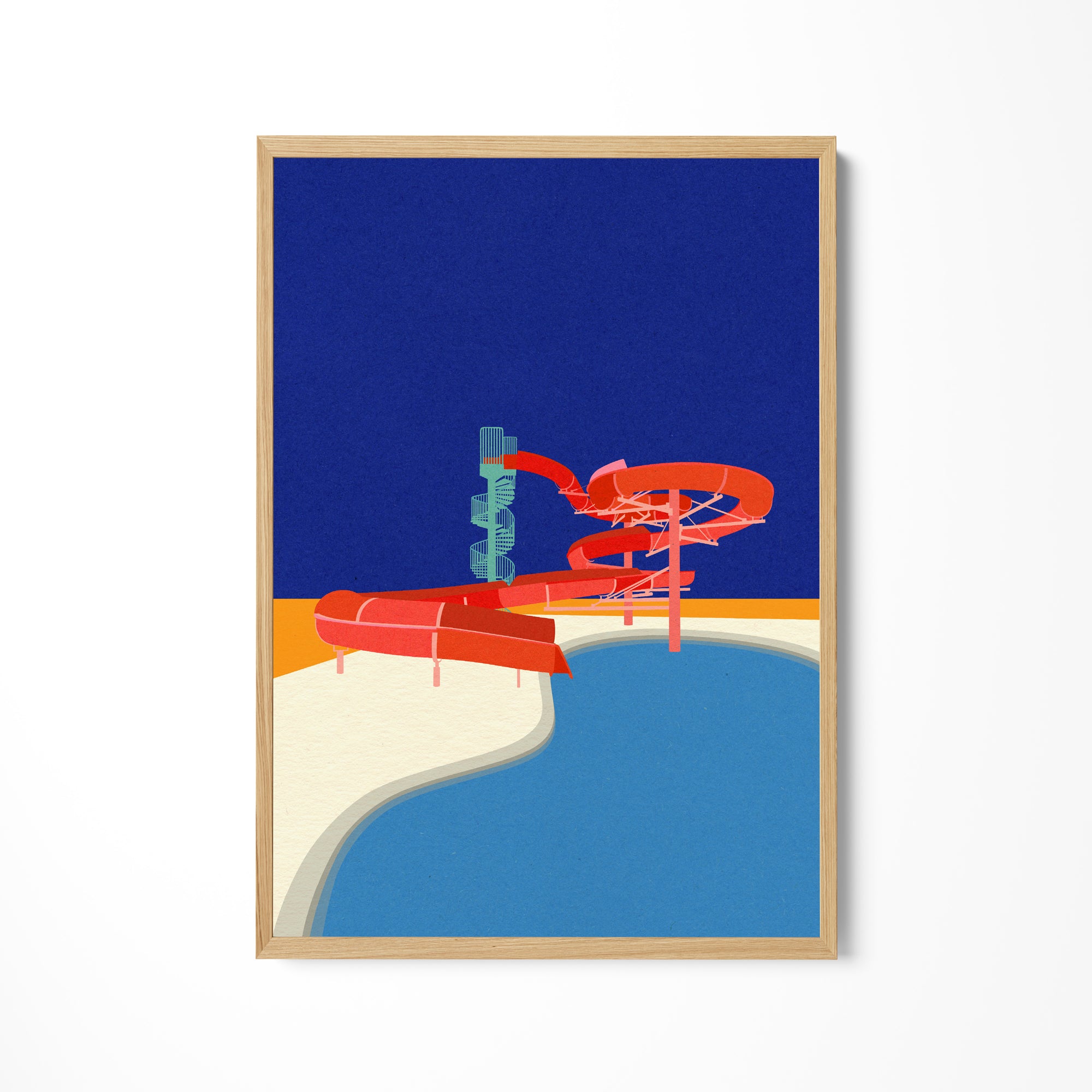 a painting of a beach with a lifeguard tower