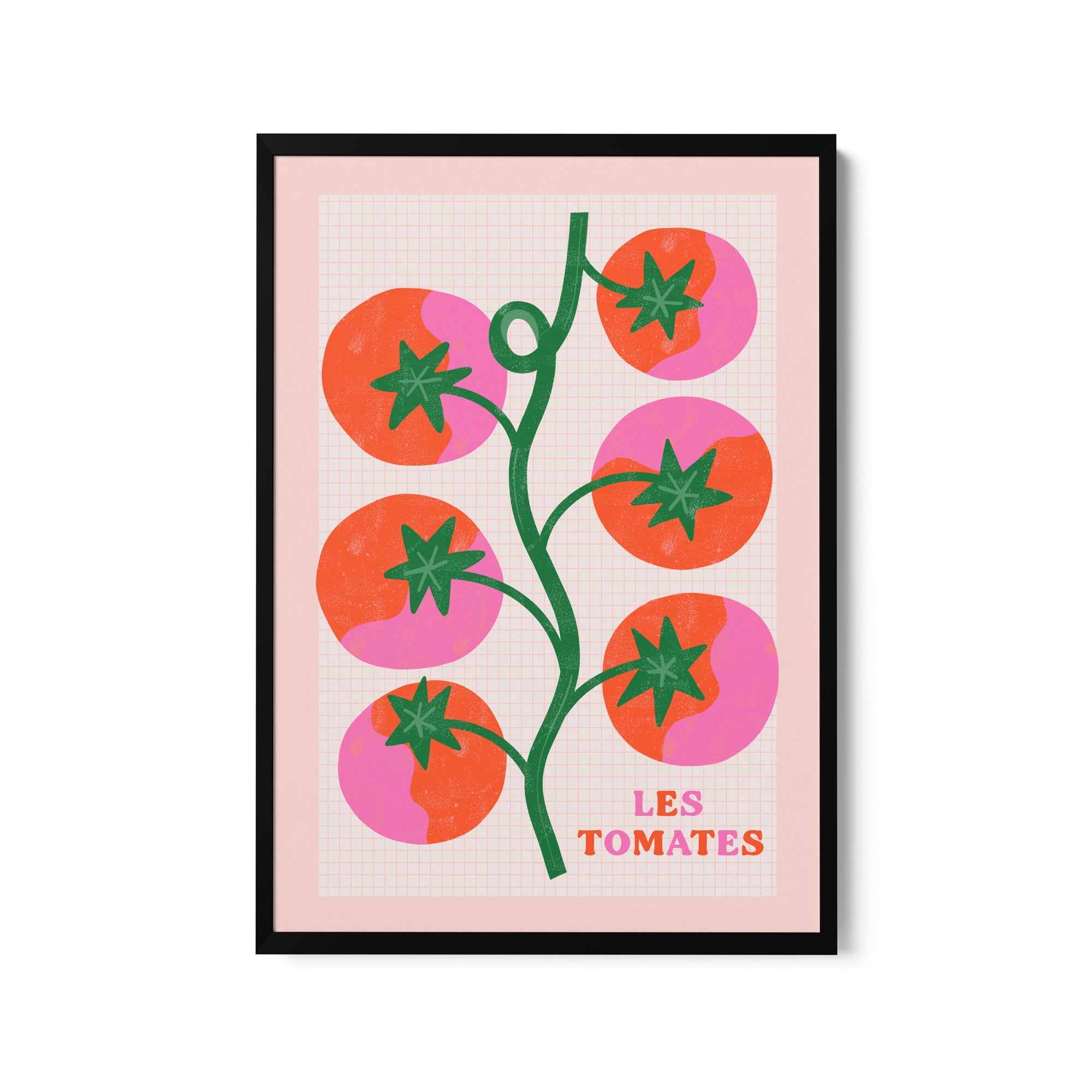 a pink poster with green leaves and red tomatoes